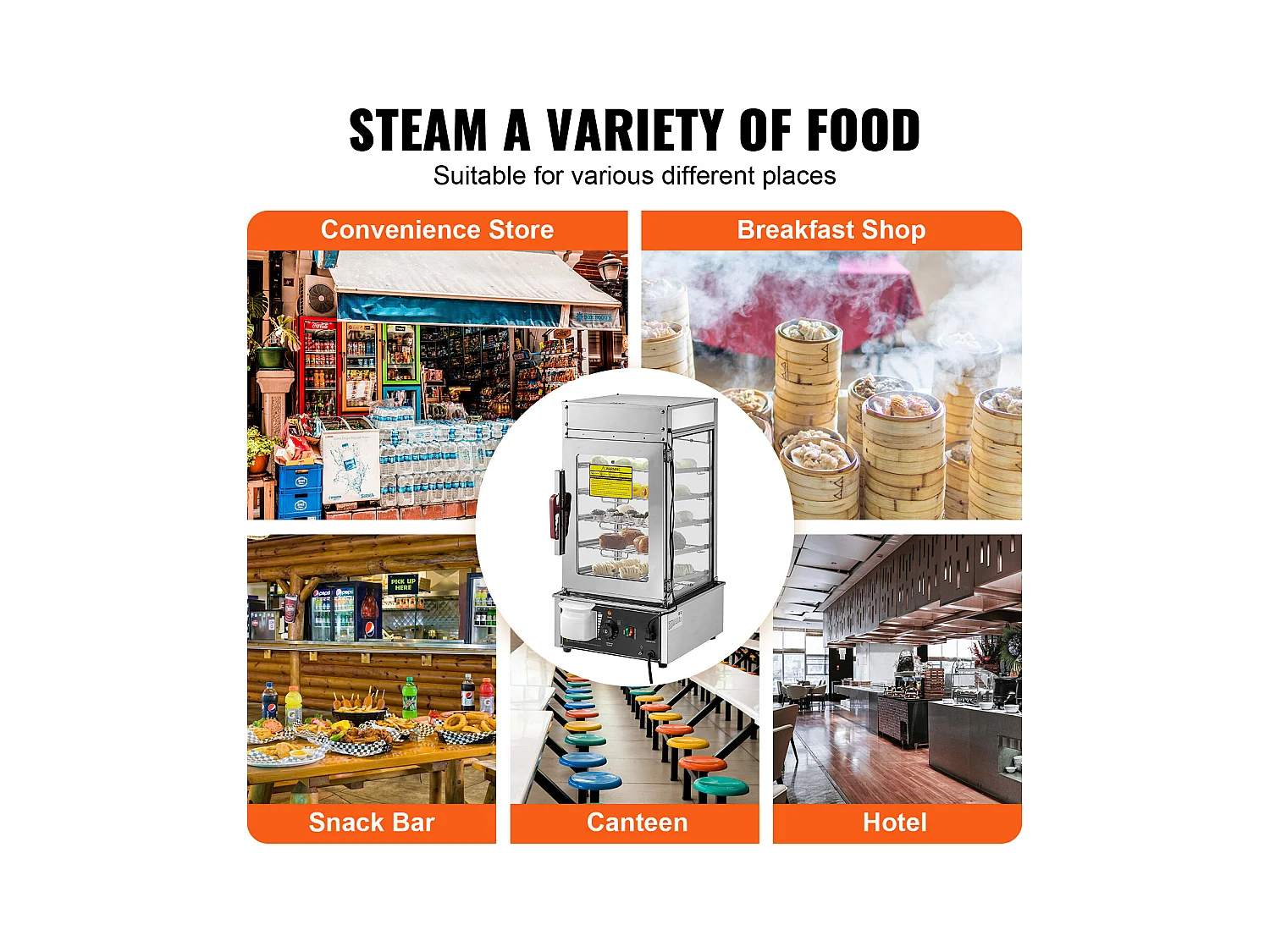Vitrine Chauffante pour Aliments Commerciaux SucceBuy Cuiseur Vapeur Électrique à 5 Niveaux, Chauffage à la Vapeur pour Divers Aliments