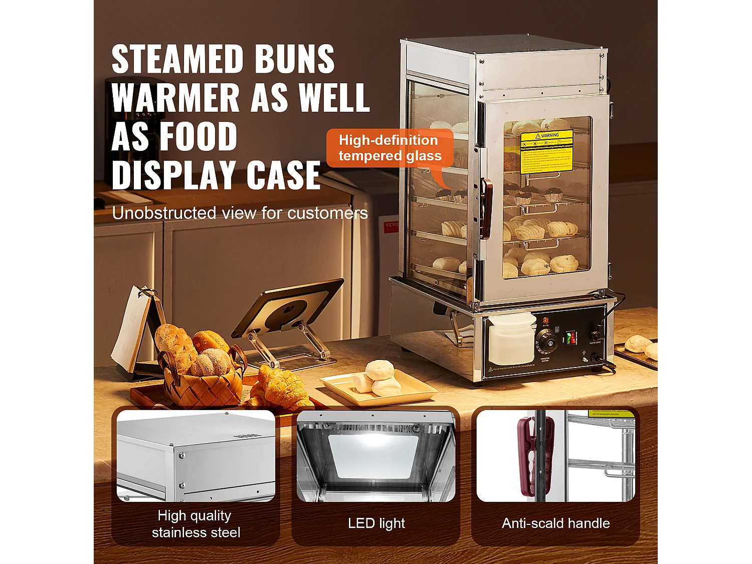 Vitrine Chauffante pour Aliments Commerciaux SucceBuy Cuiseur Vapeur Électrique à 5 Niveaux, Chauffage à la Vapeur pour Divers Aliments