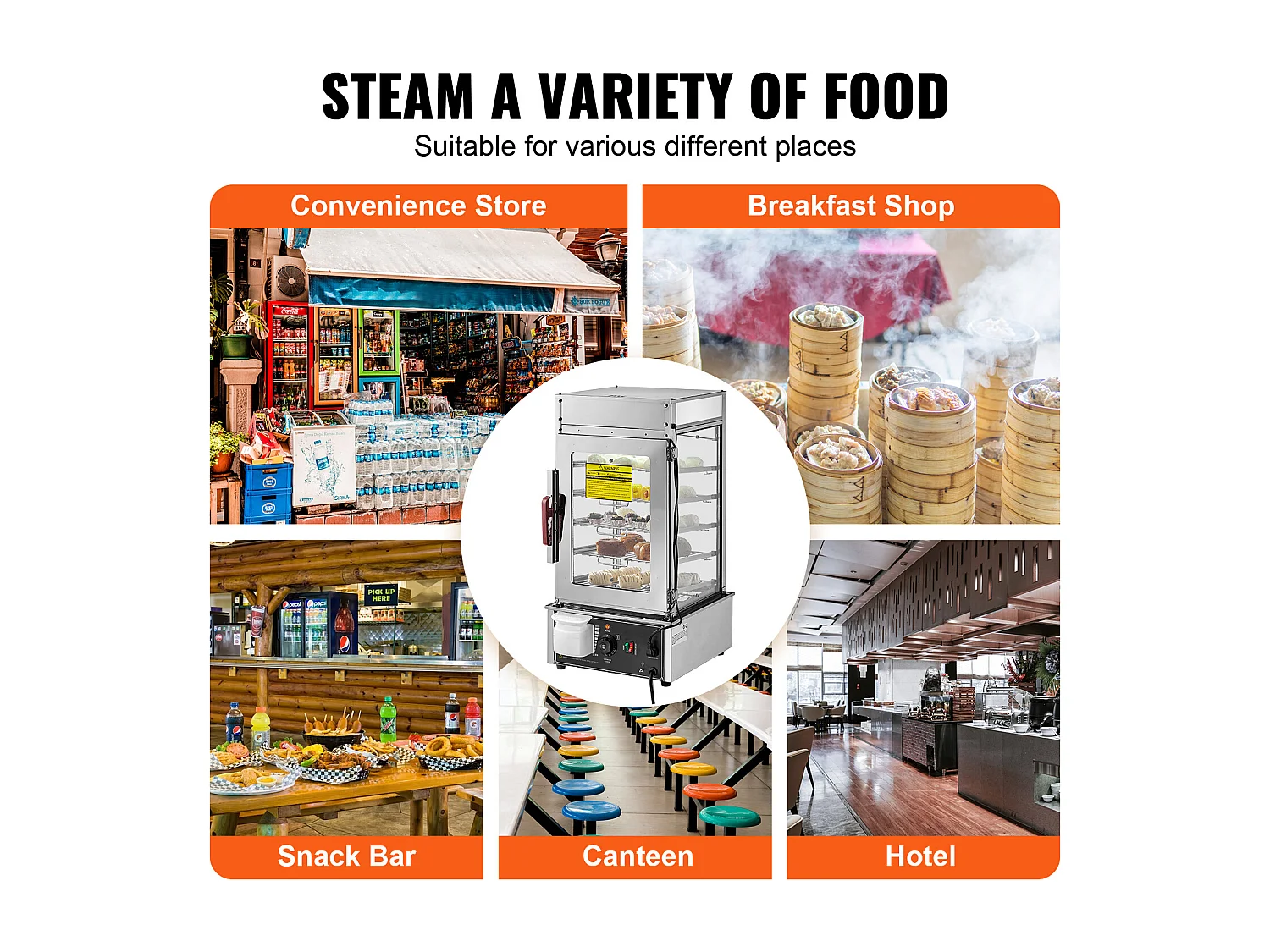 Vitrine Chauffante pour Aliments Commerciaux SucceBuy Cuiseur Vapeur Électrique à 5 Niveaux, Chauffage à la Vapeur pour Divers Aliments