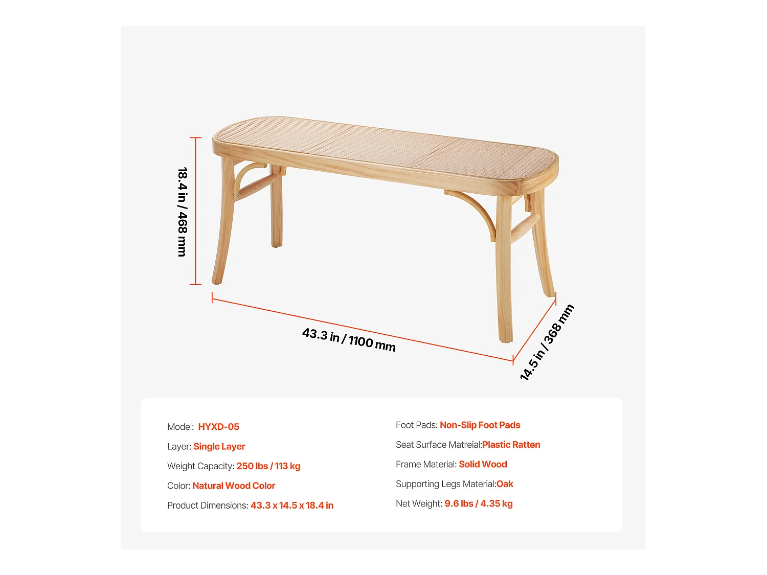 Banc en Rotin SucceBuy 110 x 36,8 x 46,8 cm, Entrée ou Bout de Chambre à Coucher, Banc Bohème pour Salon, Cuisine