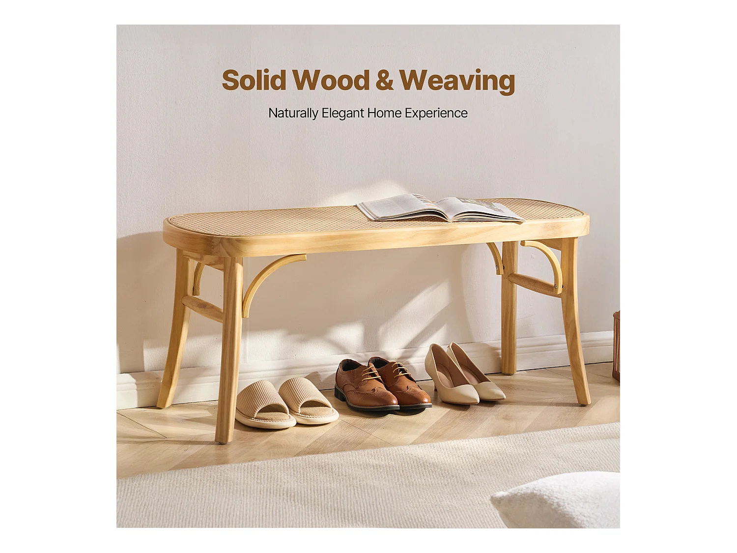 Banc en Rotin SucceBuy 110 x 36,8 x 46,8 cm, Entrée ou Bout de Chambre à Coucher, Banc Bohème pour Salon, Cuisine