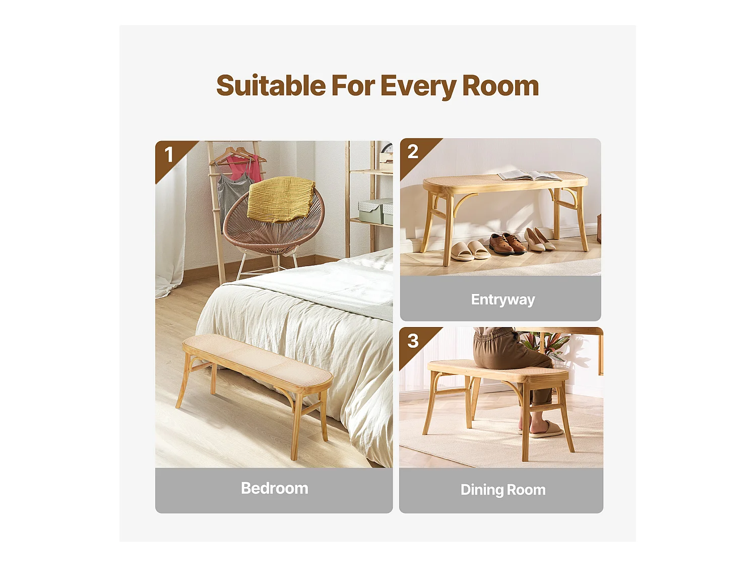 Banc en Rotin SucceBuy 110 x 36,8 x 46,8 cm, Entrée ou Bout de Chambre à Coucher, Banc Bohème pour Salon, Cuisine