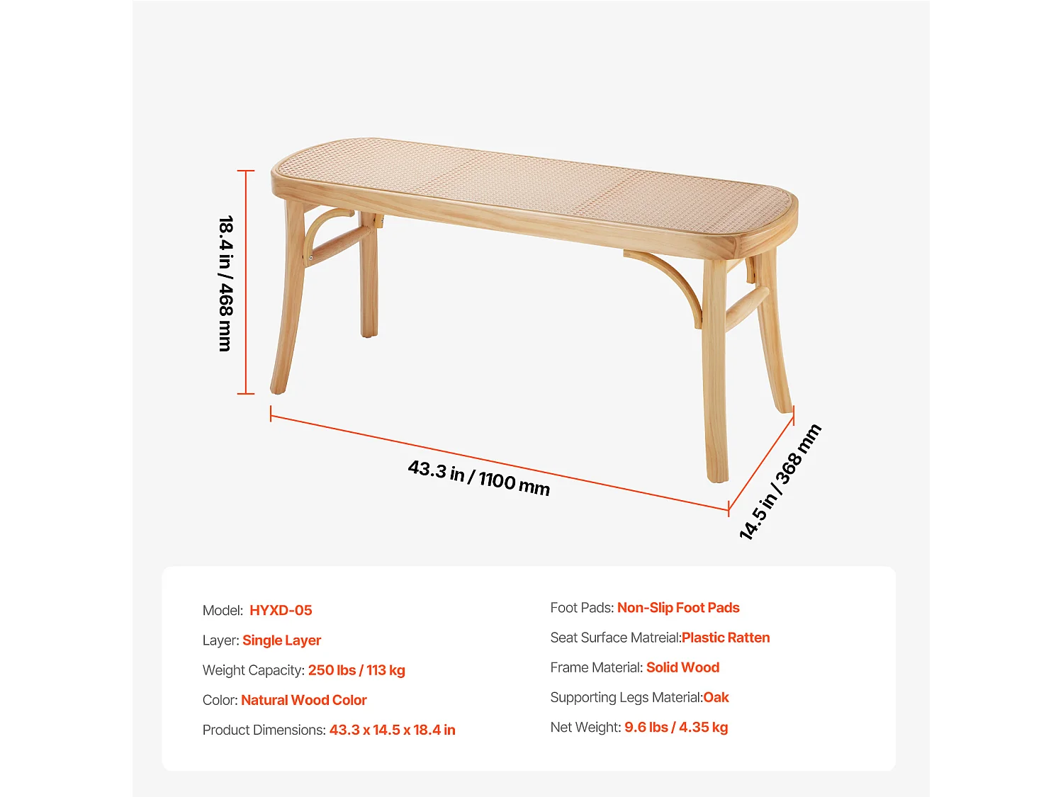 Banc en Rotin SucceBuy 110 x 36,8 x 46,8 cm, Entrée ou Bout de Chambre à Coucher, Banc Bohème pour Salon, Cuisine