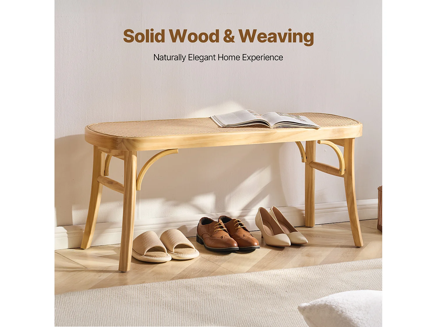 Banc en Rotin SucceBuy 110 x 36,8 x 46,8 cm, Entrée ou Bout de Chambre à Coucher, Banc Bohème pour Salon, Cuisine