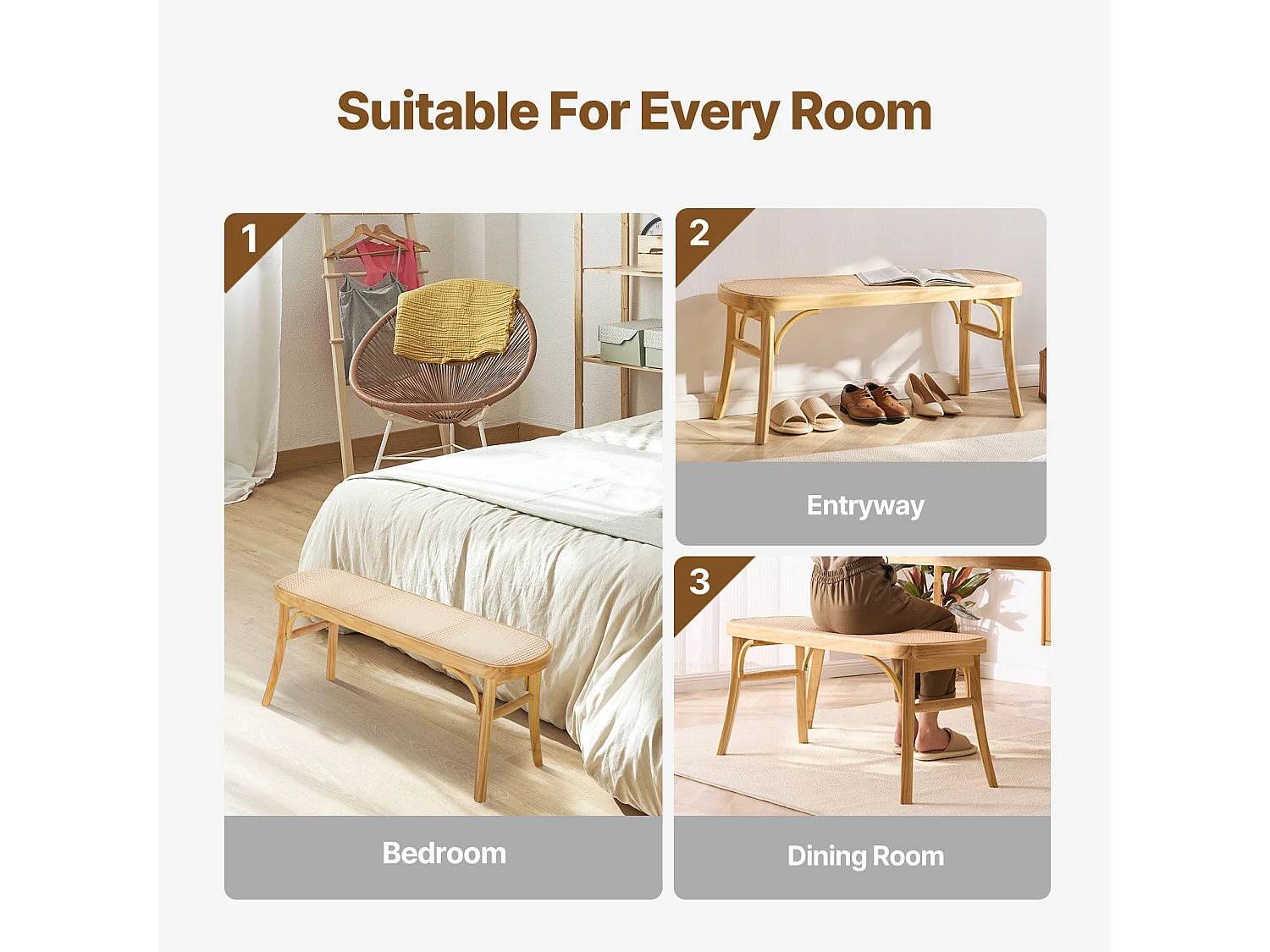 Banc en Rotin SucceBuy 110 x 36,8 x 46,8 cm, Entrée ou Bout de Chambre à Coucher, Banc Bohème pour Salon, Cuisine