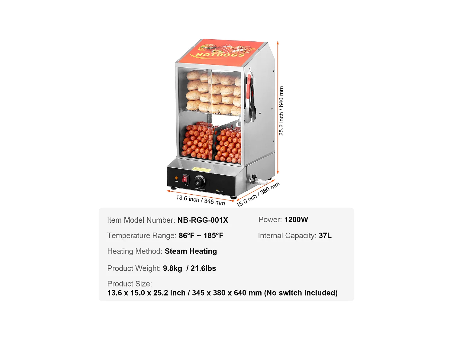 Cuiseur Vapeur SucceBuy pour Hot-Dogs Commercial, Chauffe-Petits Pains Électrique à 2 Niveaux Portes Coulissantes, 37 L