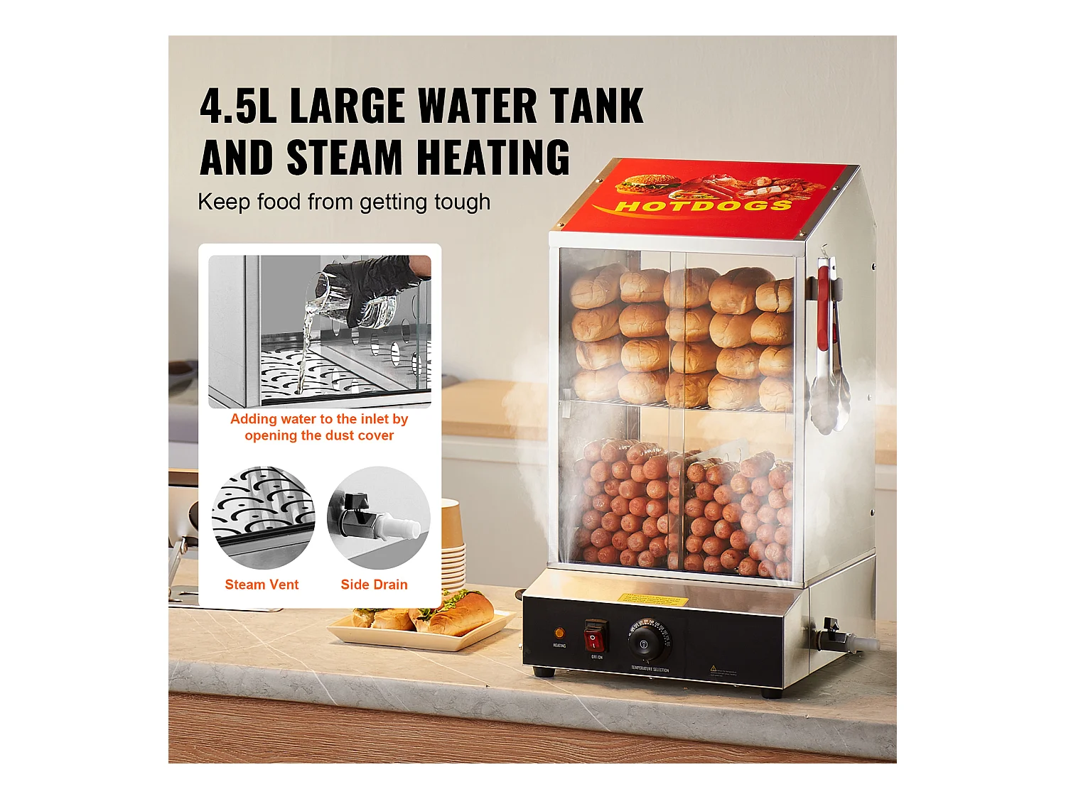 Cuiseur Vapeur SucceBuy pour Hot-Dogs Commercial, Chauffe-Petits Pains Électrique à 2 Niveaux Portes Coulissantes, 37 L