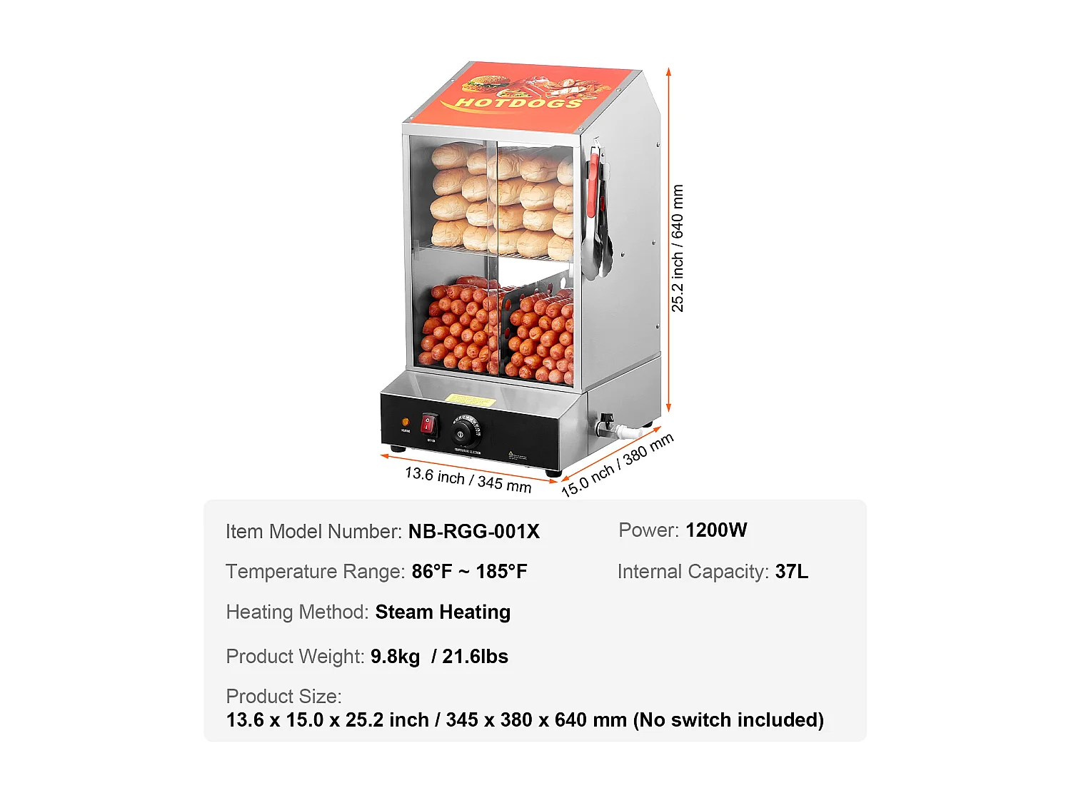 Cuiseur Vapeur SucceBuy pour Hot-Dogs Commercial, Chauffe-Petits Pains Électrique à 2 Niveaux Portes Coulissantes, 37 L