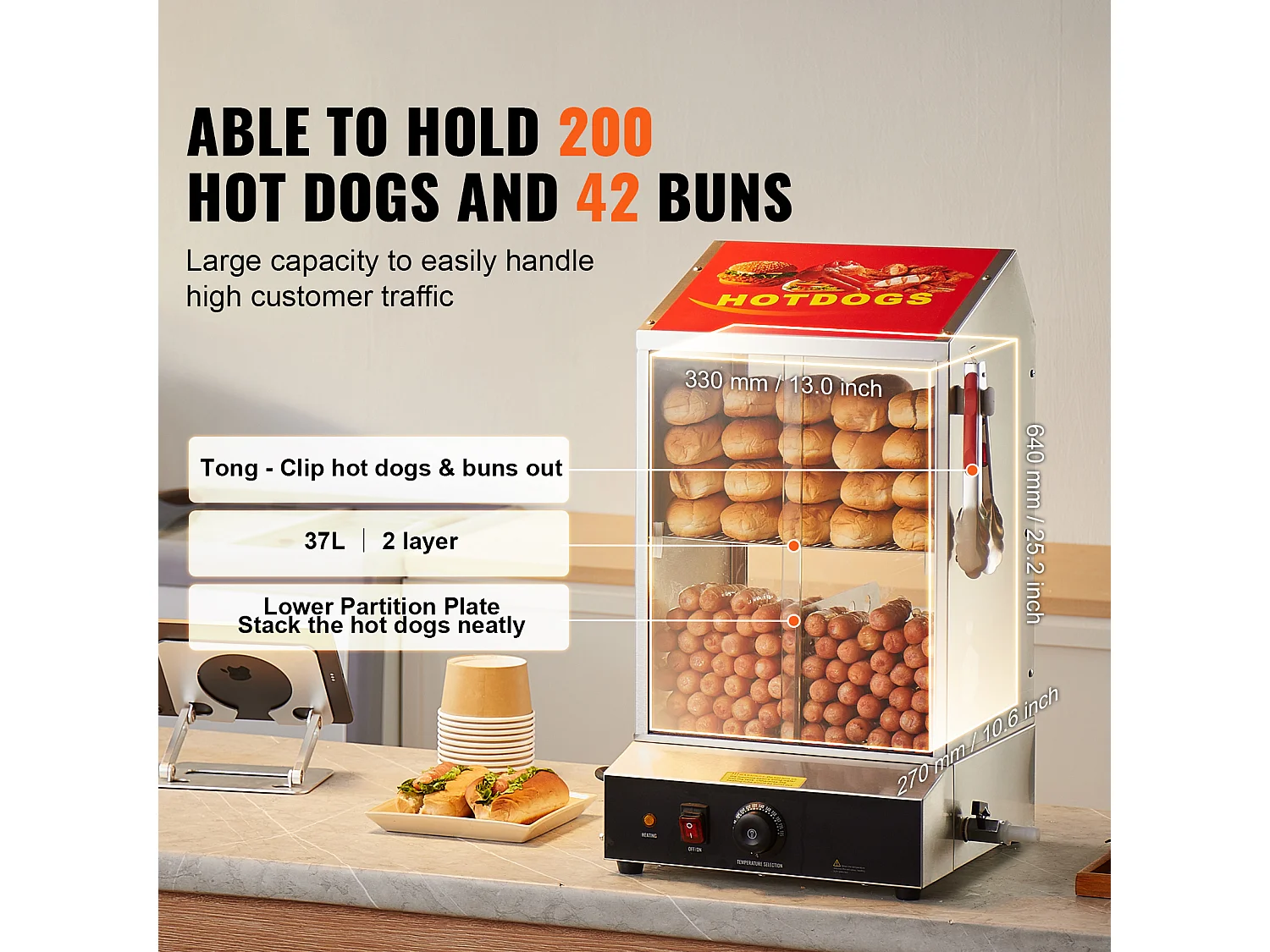 Cuiseur Vapeur SucceBuy pour Hot-Dogs Commercial, Chauffe-Petits Pains Électrique à 2 Niveaux Portes Coulissantes, 37 L