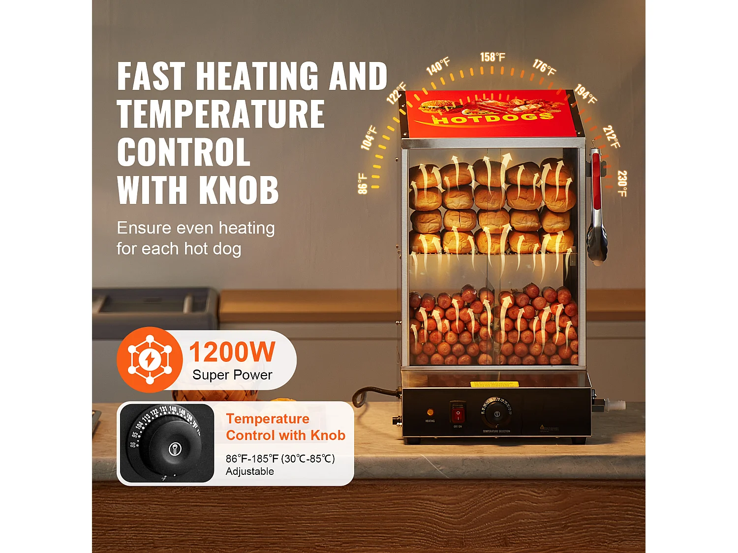 Cuiseur Vapeur SucceBuy pour Hot-Dogs Commercial, Chauffe-Petits Pains Électrique à 2 Niveaux Portes Coulissantes, 37 L