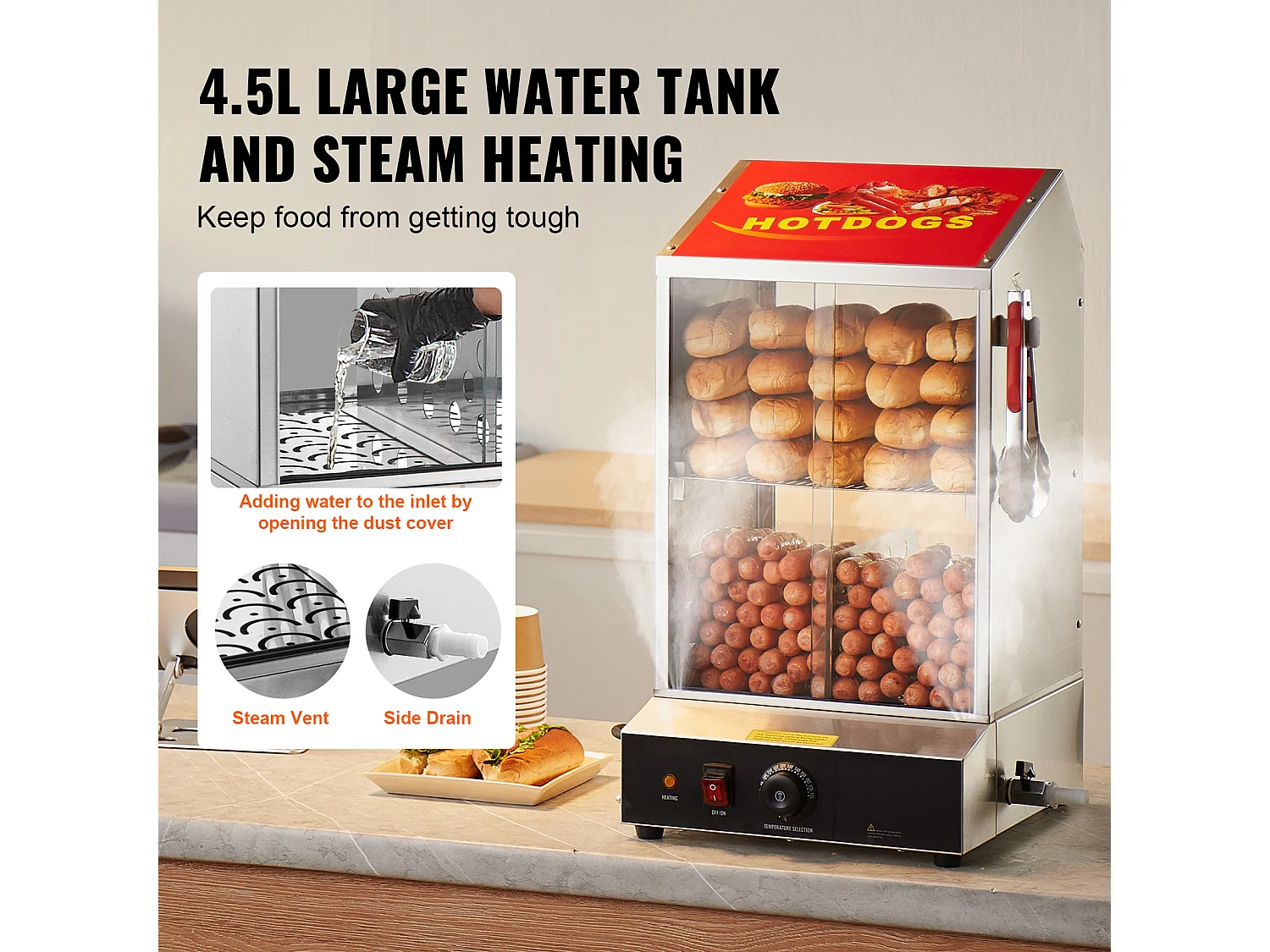 Cuiseur Vapeur SucceBuy pour Hot-Dogs Commercial, Chauffe-Petits Pains Électrique à 2 Niveaux Portes Coulissantes, 37 L