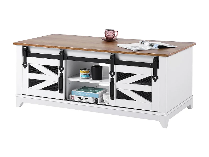 Table Basse SucceBuy, 1210 mm, Rectangulaire à 2 Niveaux avec Portes de Grange Coulissantes, pour Salon, Chambre, Appartement, Studio