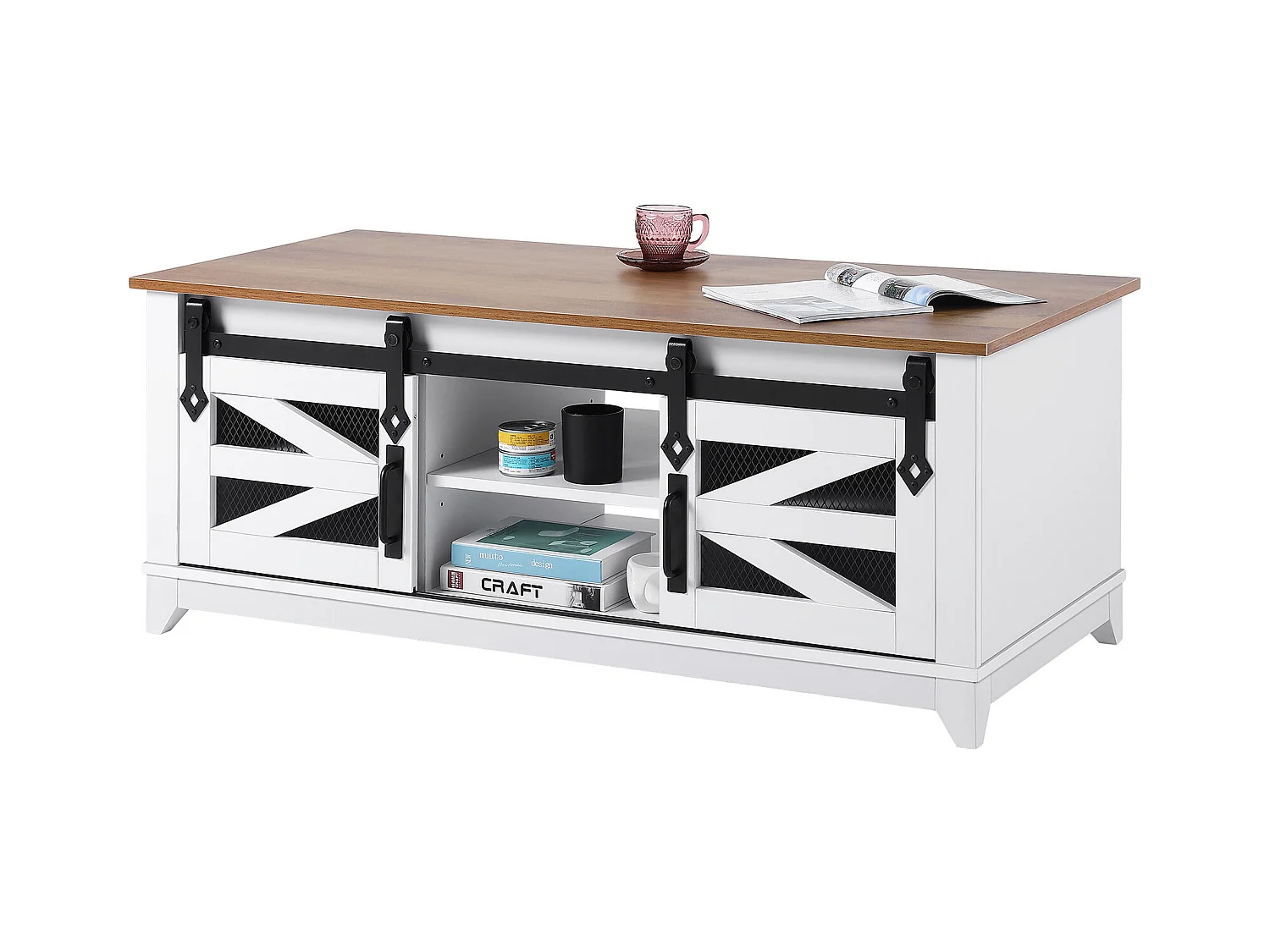 Table Basse SucceBuy, 1210 mm, Rectangulaire à 2 Niveaux avec Portes de Grange Coulissantes, pour Salon, Chambre, Appartement, Studio