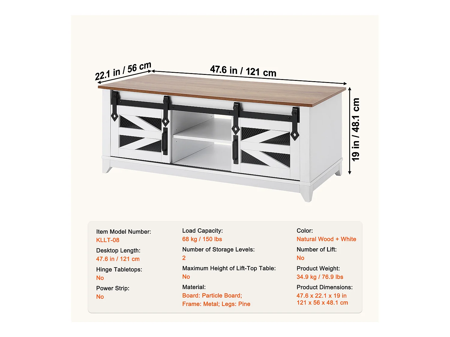 Table Basse SucceBuy, 1210 mm, Rectangulaire à 2 Niveaux avec Portes de Grange Coulissantes, pour Salon, Chambre, Appartement, Studio