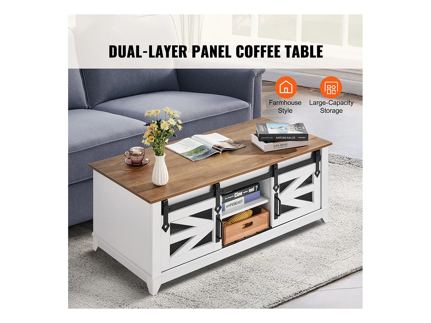 Table Basse SucceBuy, 1210 mm, Rectangulaire à 2 Niveaux avec Portes de Grange Coulissantes, pour Salon, Chambre, Appartement, Studio