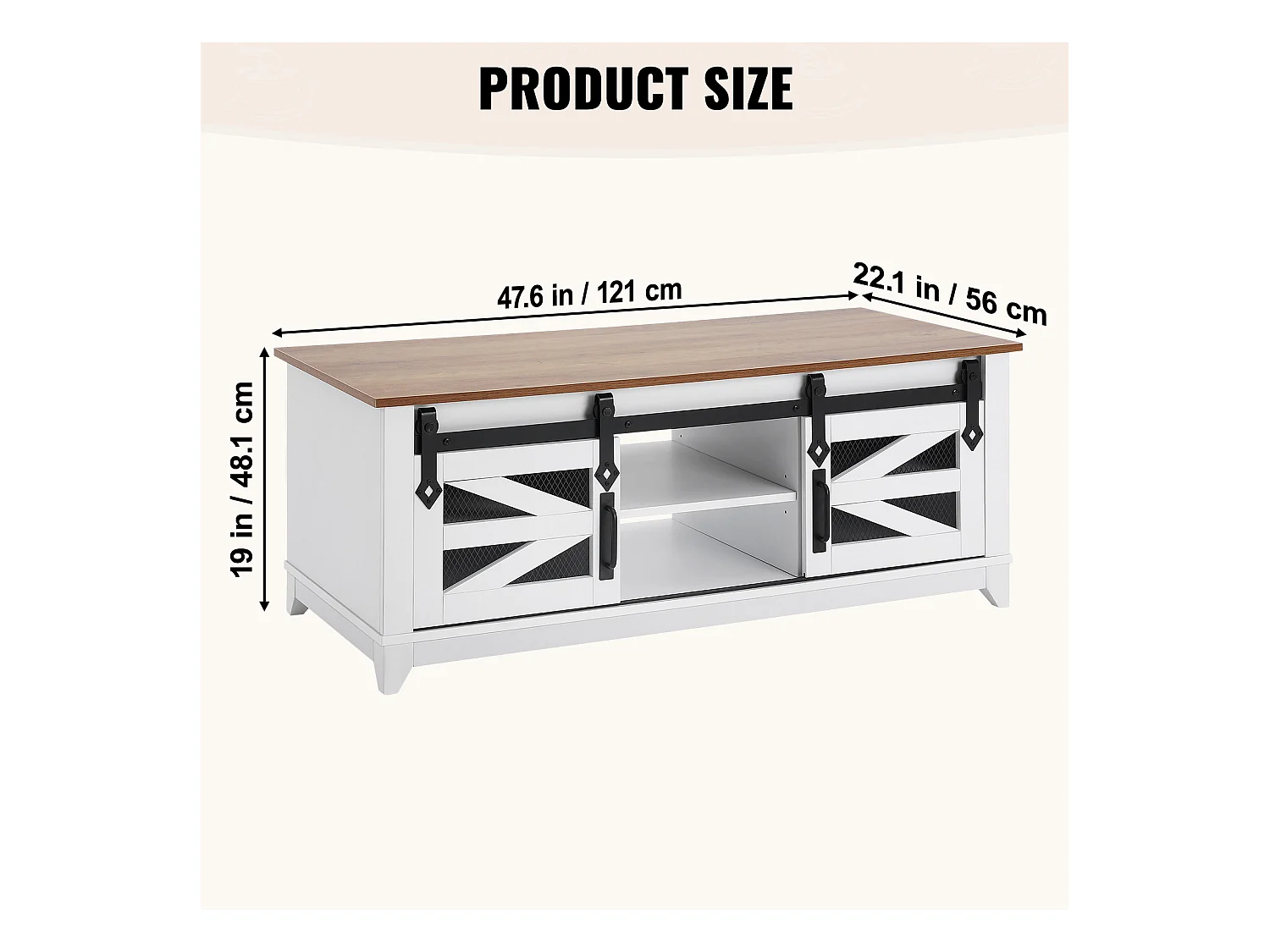 Table Basse SucceBuy, 1210 mm, Rectangulaire à 2 Niveaux avec Portes de Grange Coulissantes, pour Salon, Chambre, Appartement, Studio