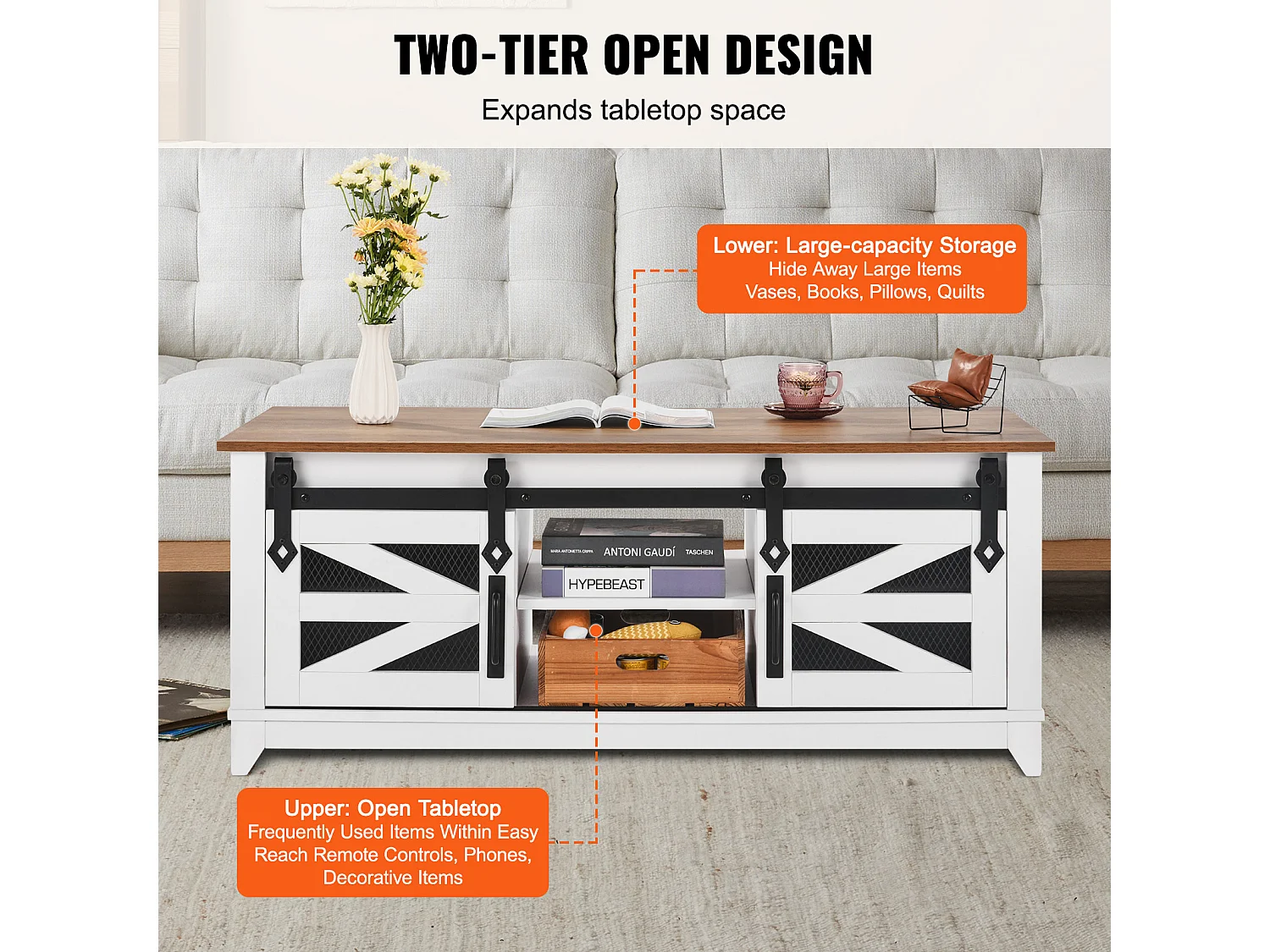 Table Basse SucceBuy, 1210 mm, Rectangulaire à 2 Niveaux avec Portes de Grange Coulissantes, pour Salon, Chambre, Appartement, Studio