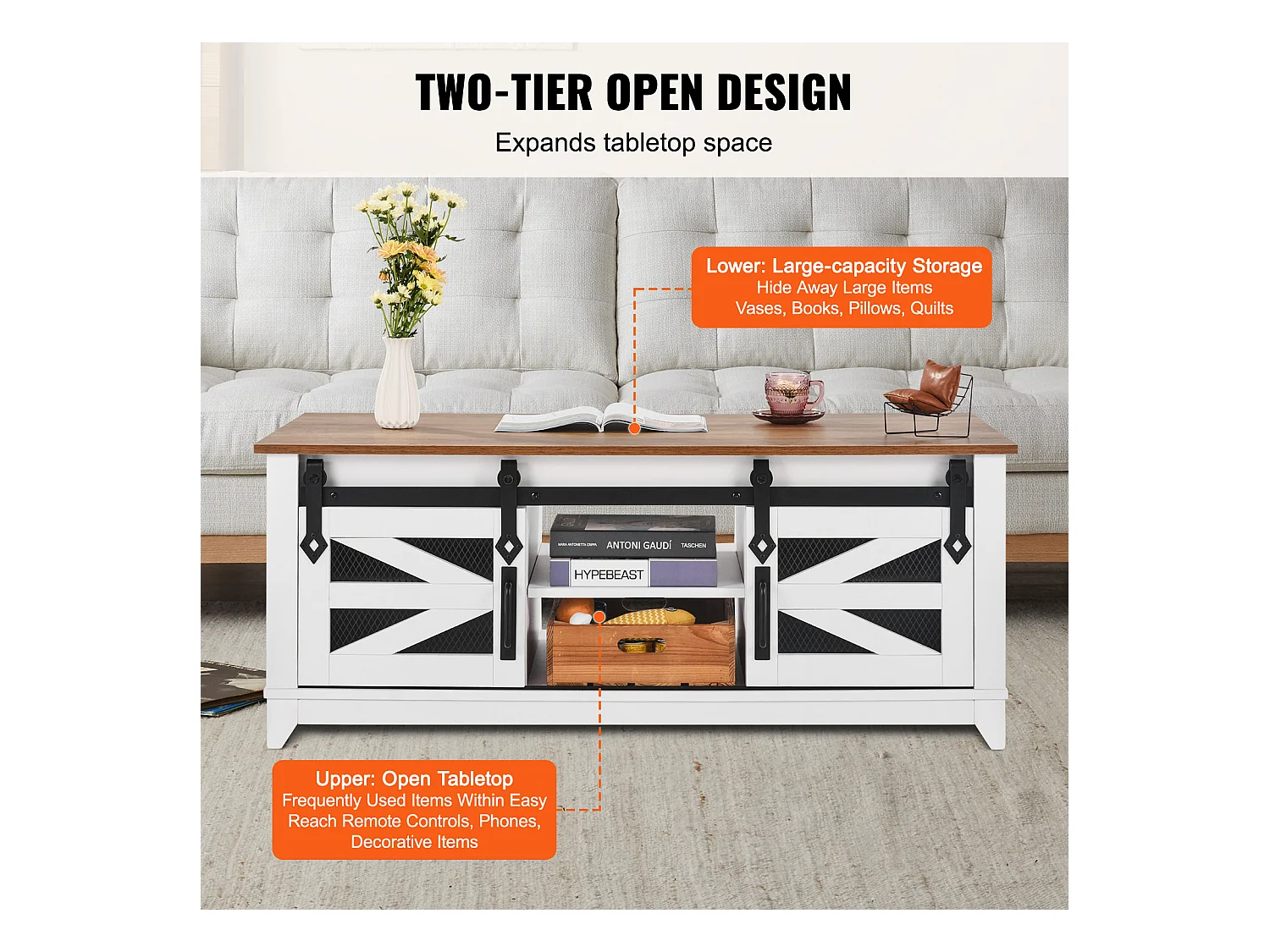 Table Basse SucceBuy, 1210 mm, Rectangulaire à 2 Niveaux avec Portes de Grange Coulissantes, pour Salon, Chambre, Appartement, Studio