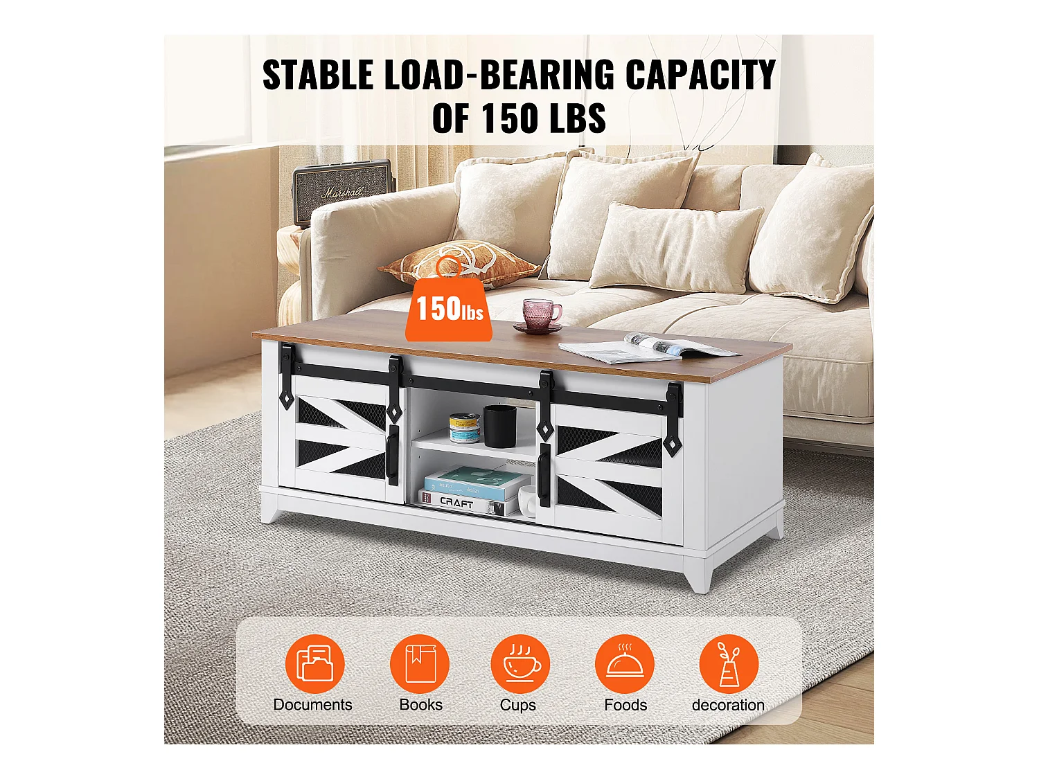 Table Basse SucceBuy, 1210 mm, Rectangulaire à 2 Niveaux avec Portes de Grange Coulissantes, pour Salon, Chambre, Appartement, Studio