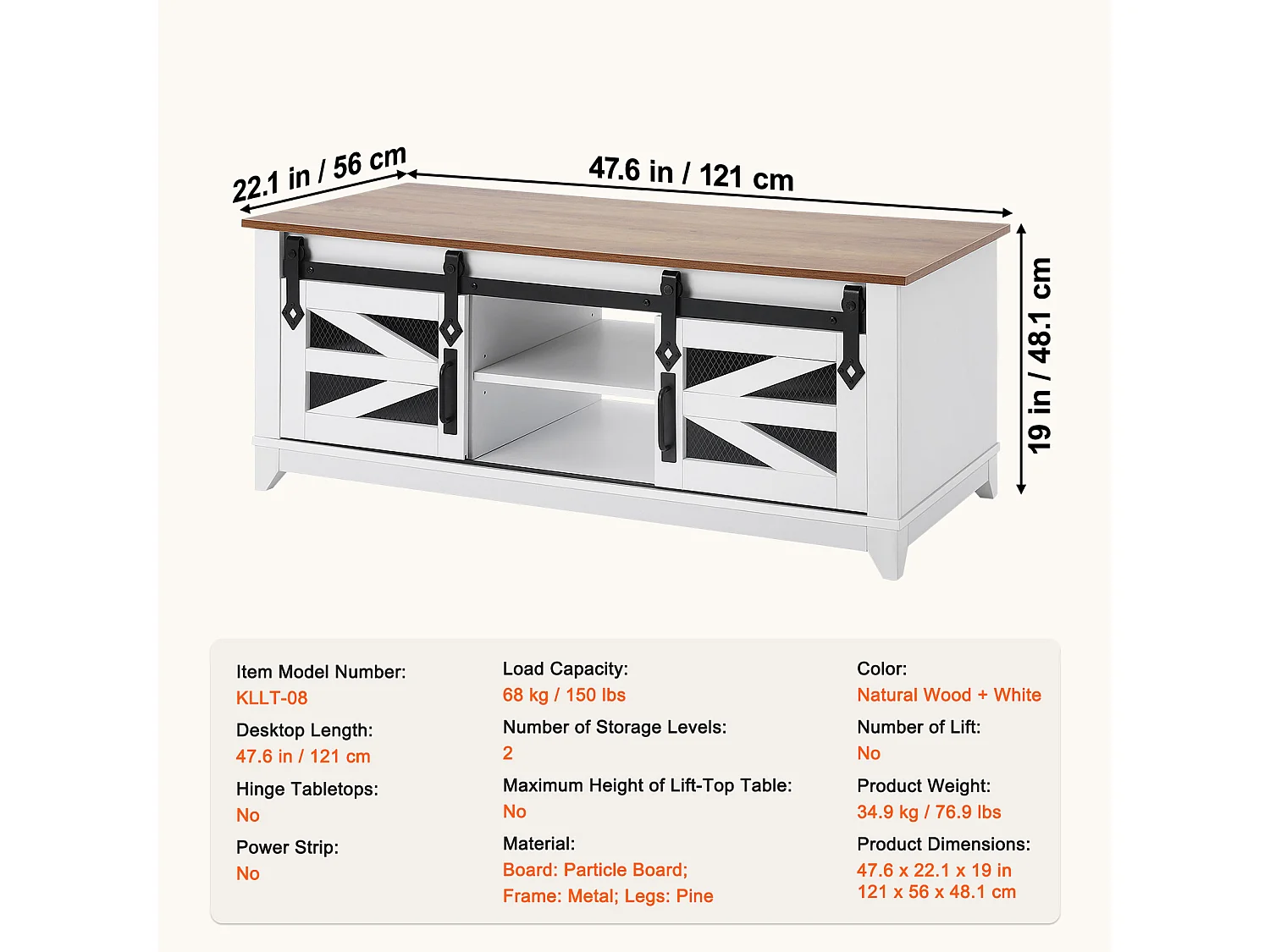 Stół Kawowy SucceBuy, 1210 mm, Prostokątny z 2 Poziomami i Przewijanymi Drzwiami Spichlerza, do Salonu, Pokoju, Mieszkania, Studio