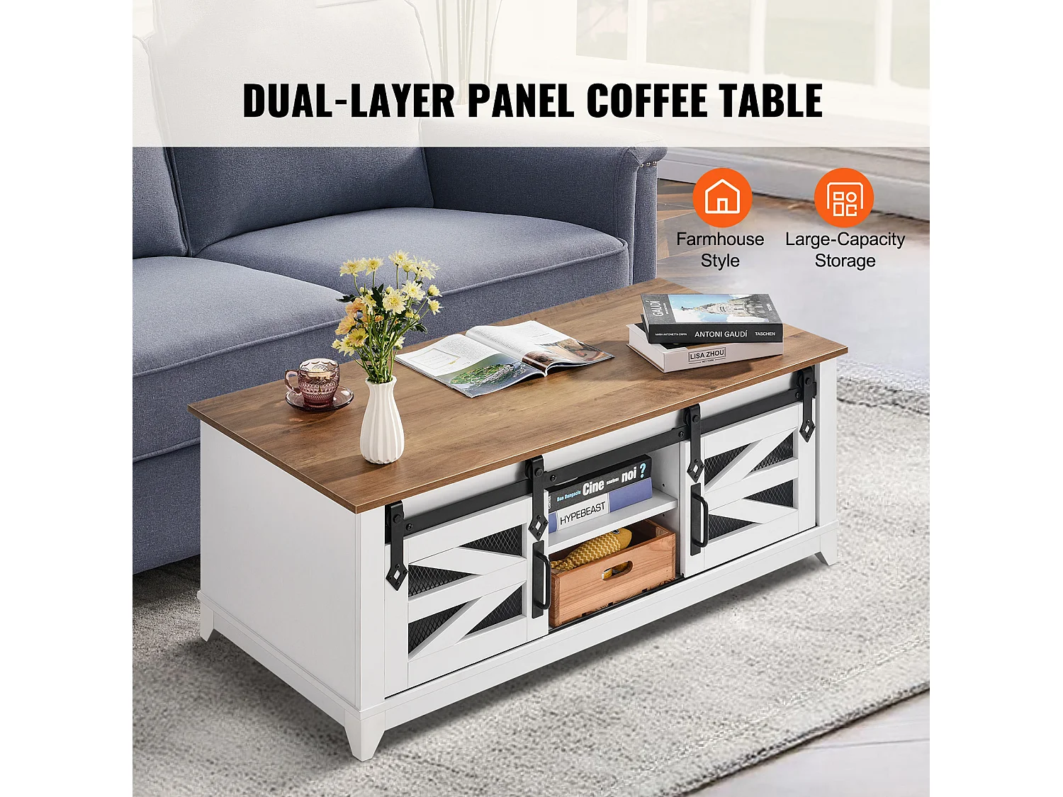 Stół Kawowy SucceBuy, 1210 mm, Prostokątny z 2 Poziomami i Przewijanymi Drzwiami Spichlerza, do Salonu, Pokoju, Mieszkania, Studio