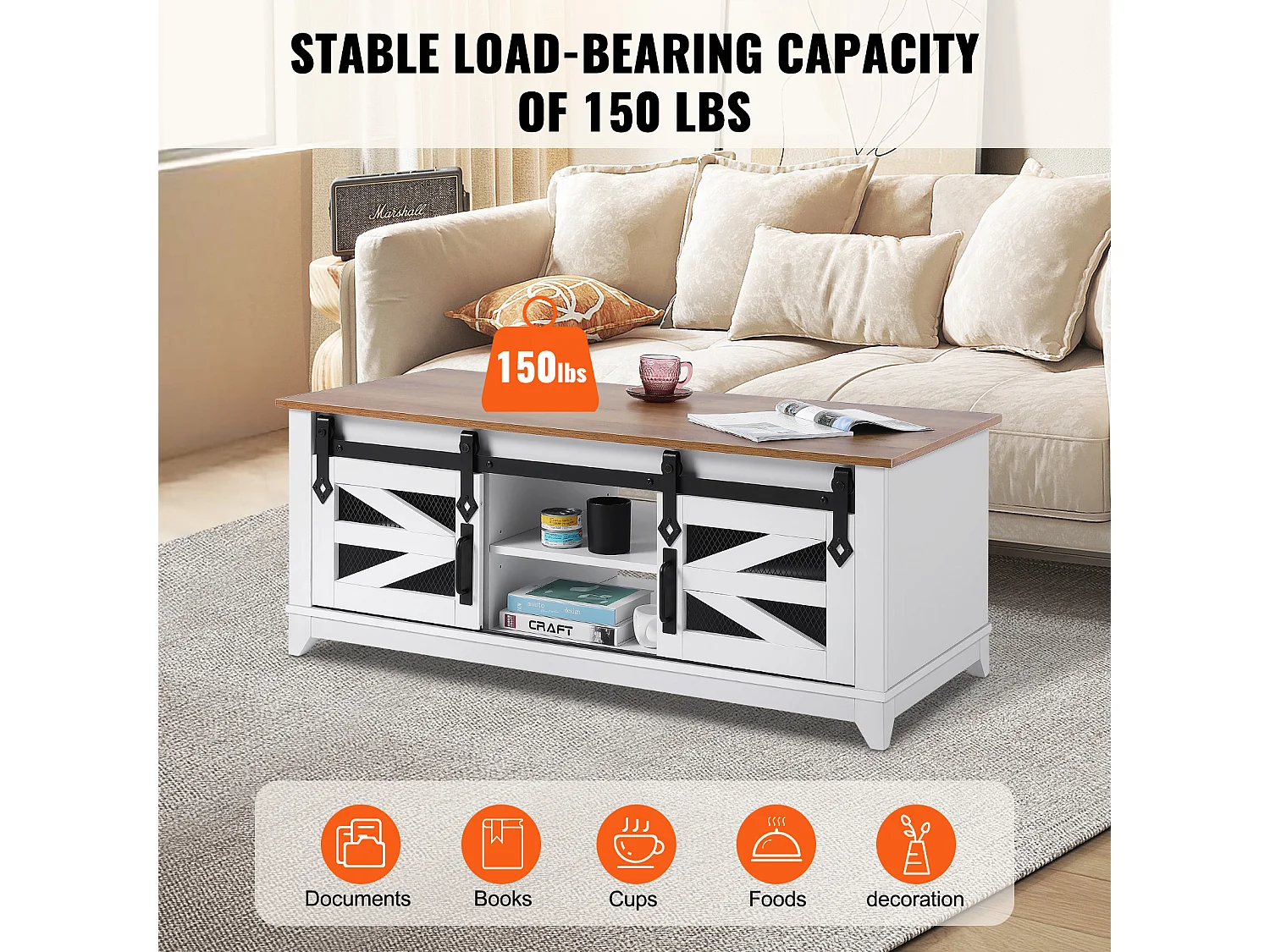 Stół Kawowy SucceBuy, 1210 mm, Prostokątny z 2 Poziomami i Przewijanymi Drzwiami Spichlerza, do Salonu, Pokoju, Mieszkania, Studio