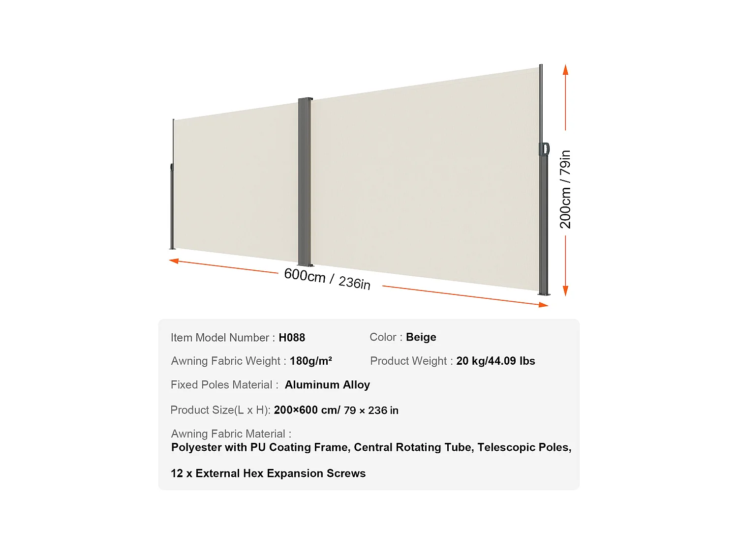 Auvent Latéral Rétractable SucceBuy, 200 x 600 cm, Clôture de Séparation pour Patio