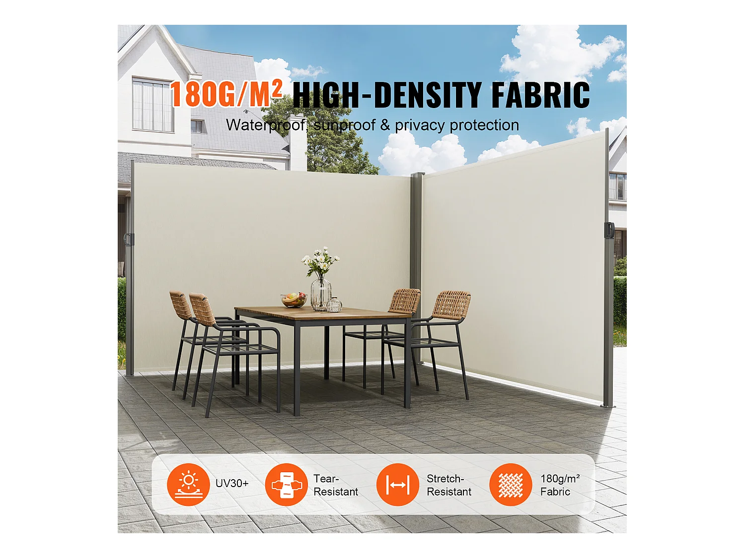 Auvent Latéral Rétractable SucceBuy, 200 x 600 cm, Clôture de Séparation pour Patio