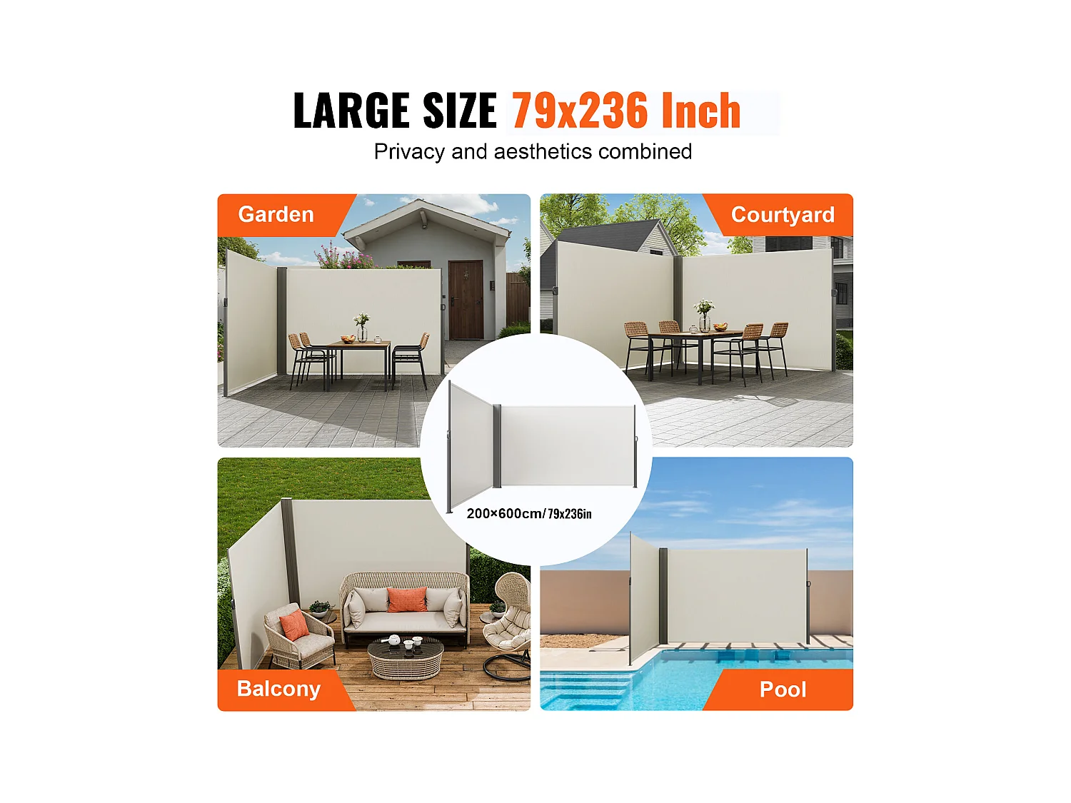 Auvent Latéral Rétractable SucceBuy, 200 x 600 cm, Clôture de Séparation pour Patio