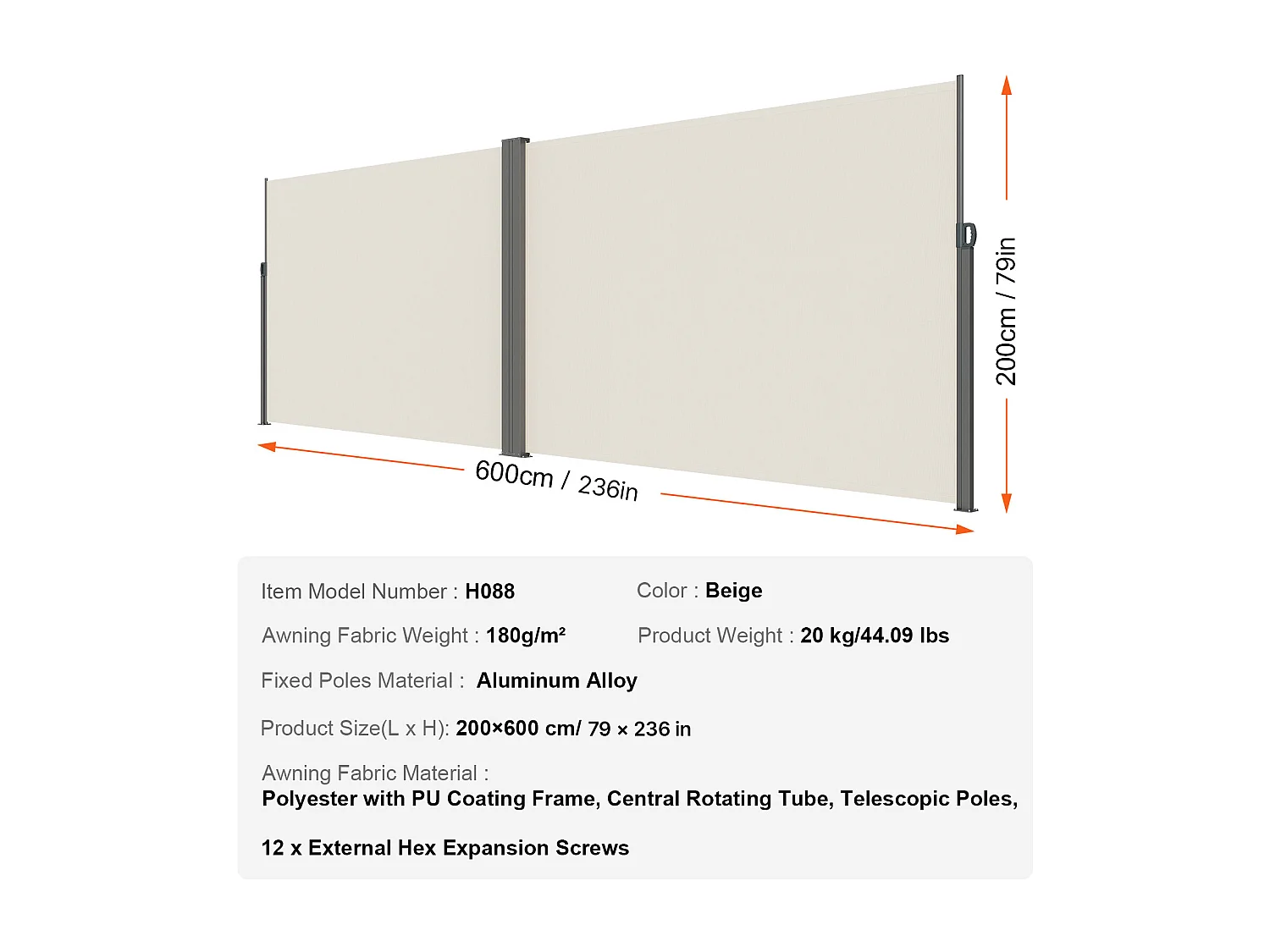 Auvent Latéral Rétractable SucceBuy, 200 x 600 cm, Clôture de Séparation pour Patio