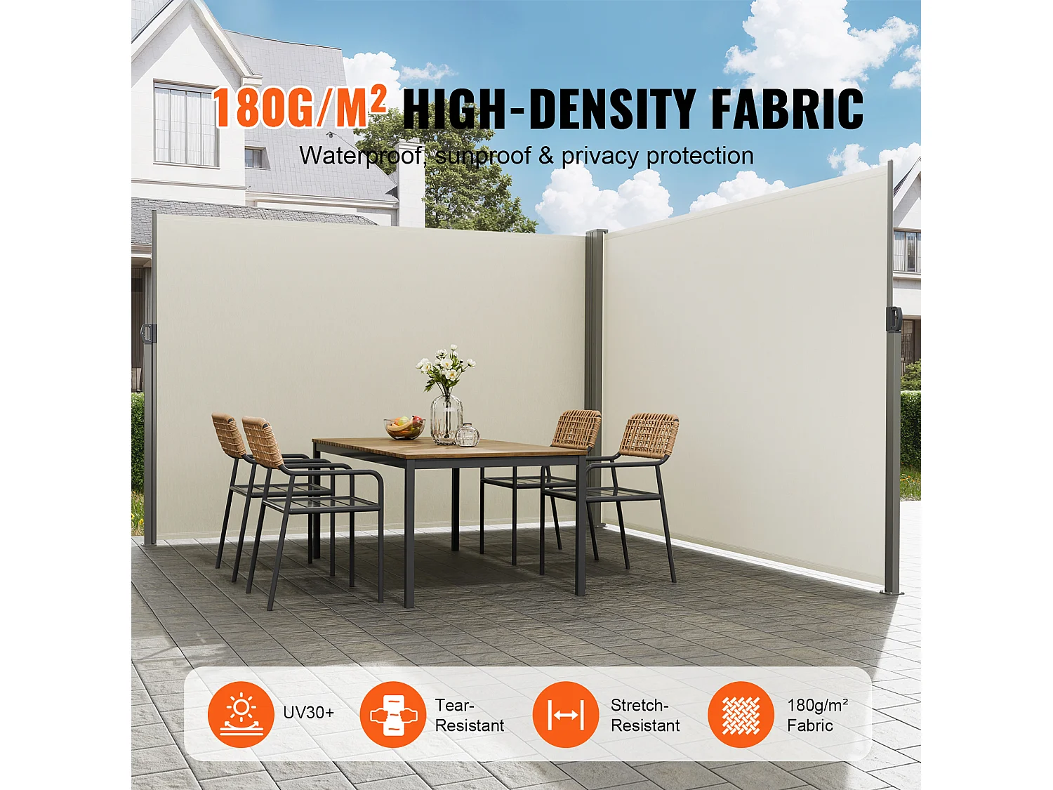 Auvent Latéral Rétractable SucceBuy, 200 x 600 cm, Clôture de Séparation pour Patio