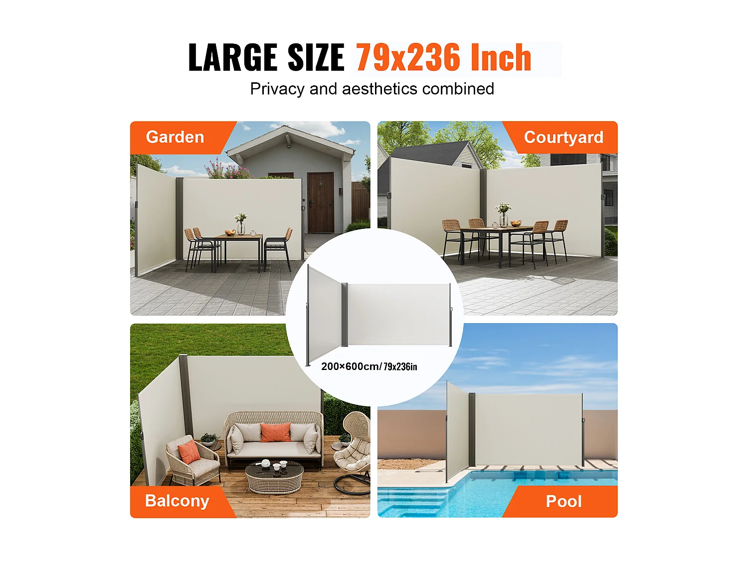 Auvent Latéral Rétractable SucceBuy, 200 x 600 cm, Clôture de Séparation pour Patio