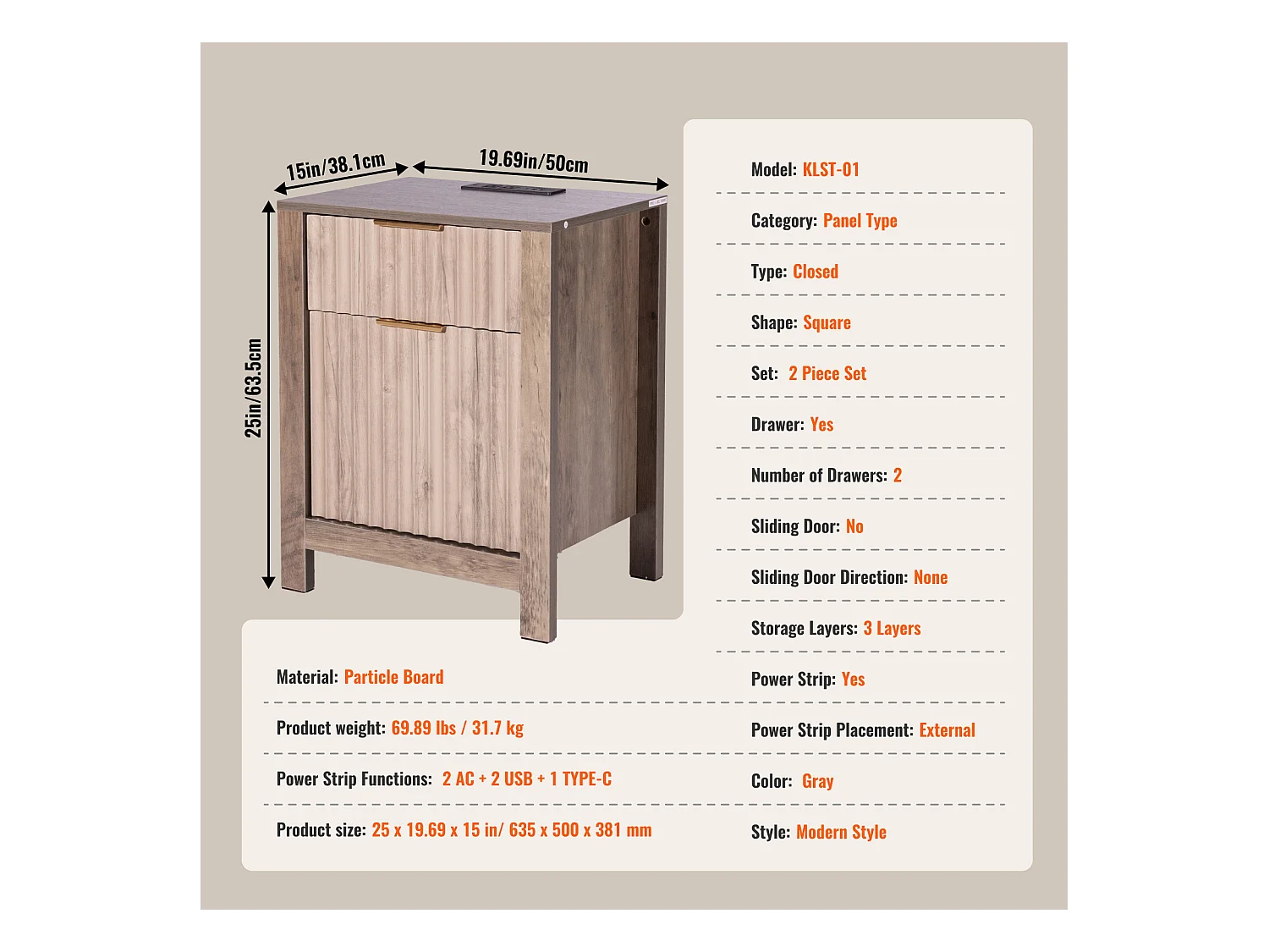 Table d'Appoint SucceBuy, Lot de 2, 3 Niveaux, Gris, avec Ports et Prises USB