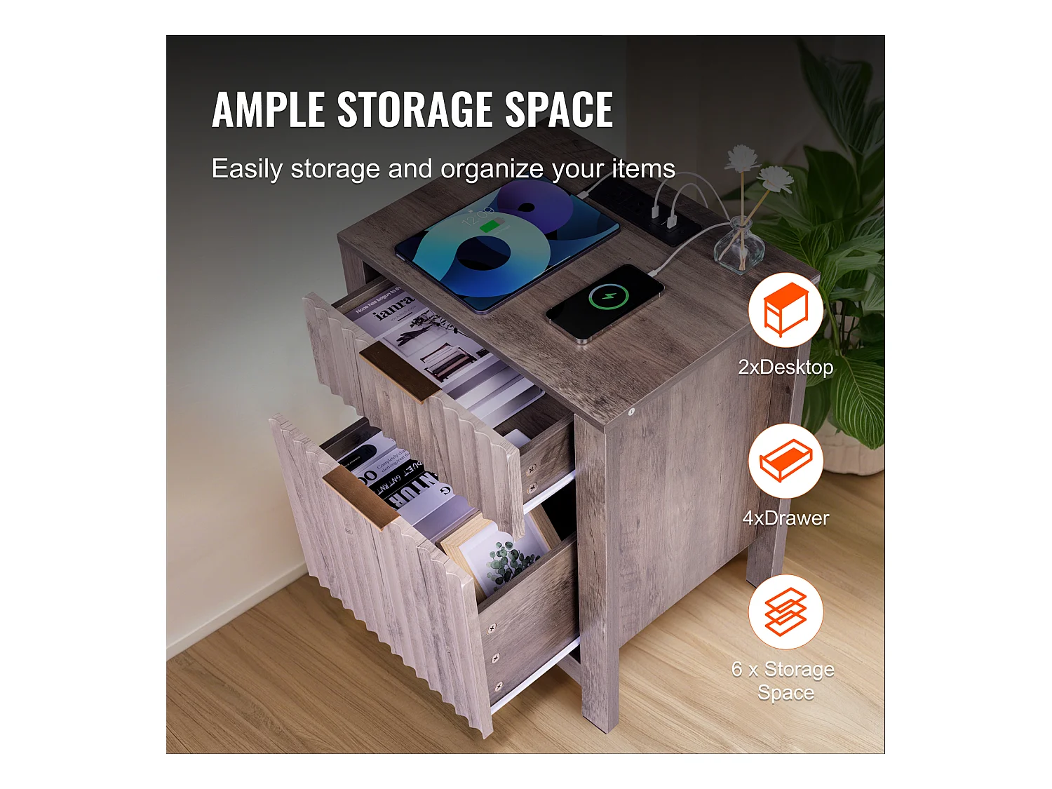 Table d'Appoint SucceBuy, Lot de 2, 3 Niveaux, Gris, avec Ports et Prises USB