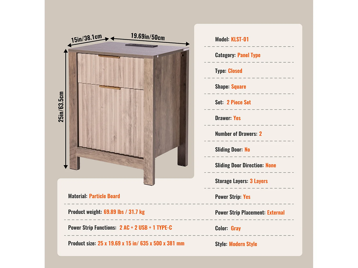 Table d'Appoint SucceBuy, Lot de 2, 3 Niveaux, Gris, avec Ports et Prises USB