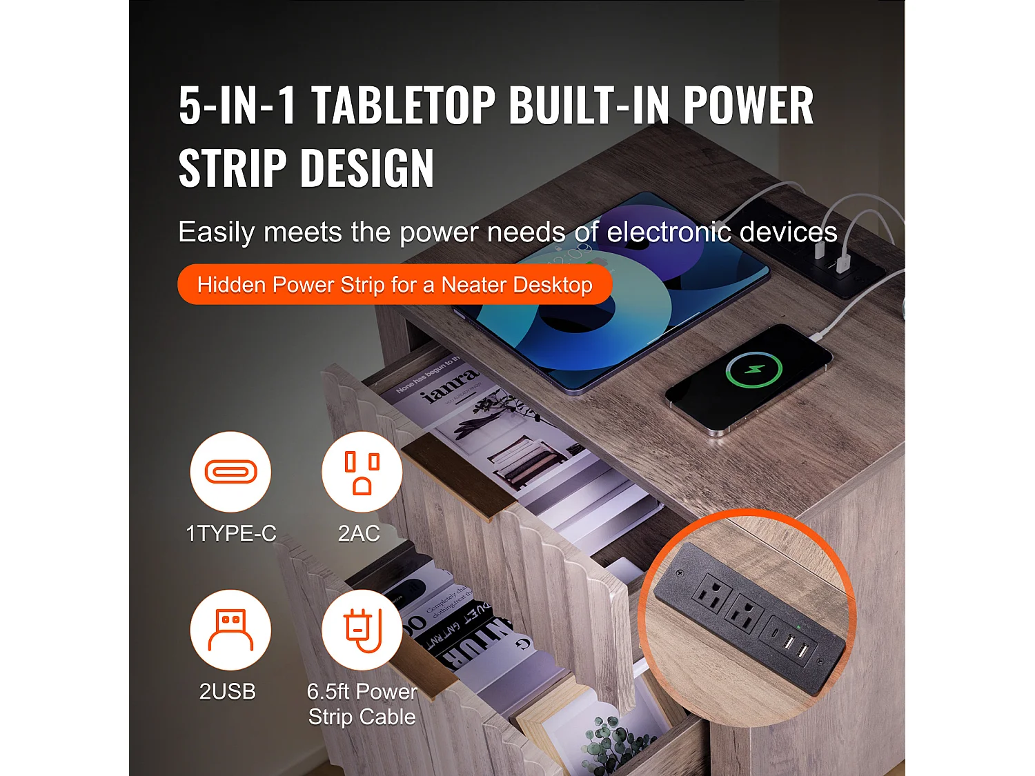 Table d'Appoint SucceBuy, Lot de 2, 3 Niveaux, Gris, avec Ports et Prises USB