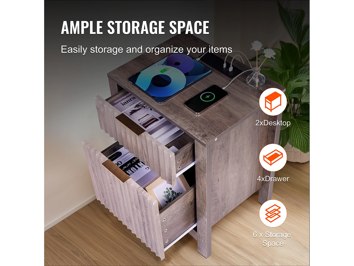 Table d'Appoint SucceBuy, Lot de 2, 3 Niveaux, Gris, avec Ports et Prises USB