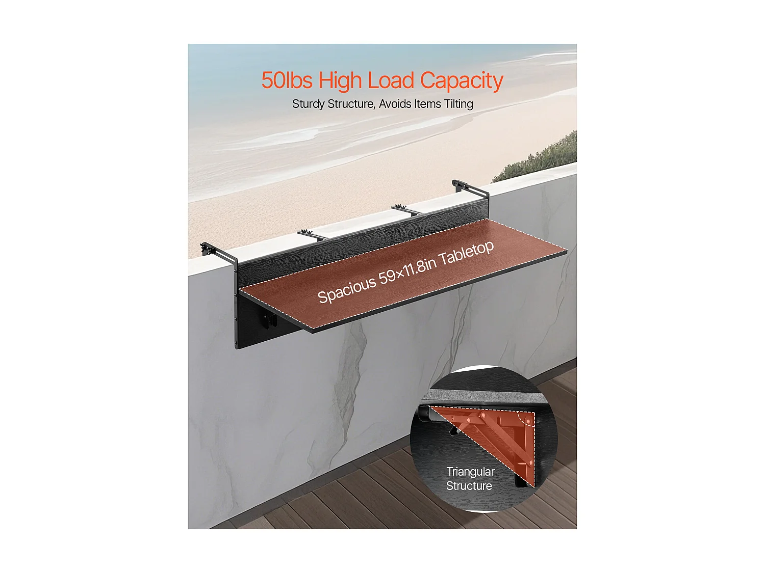 Table Suspendue de Balcon, SucceBuy Table de Balcon Pliable 30 × 150 cm, Table de Bar pour Balustrade de Patio Extérieur