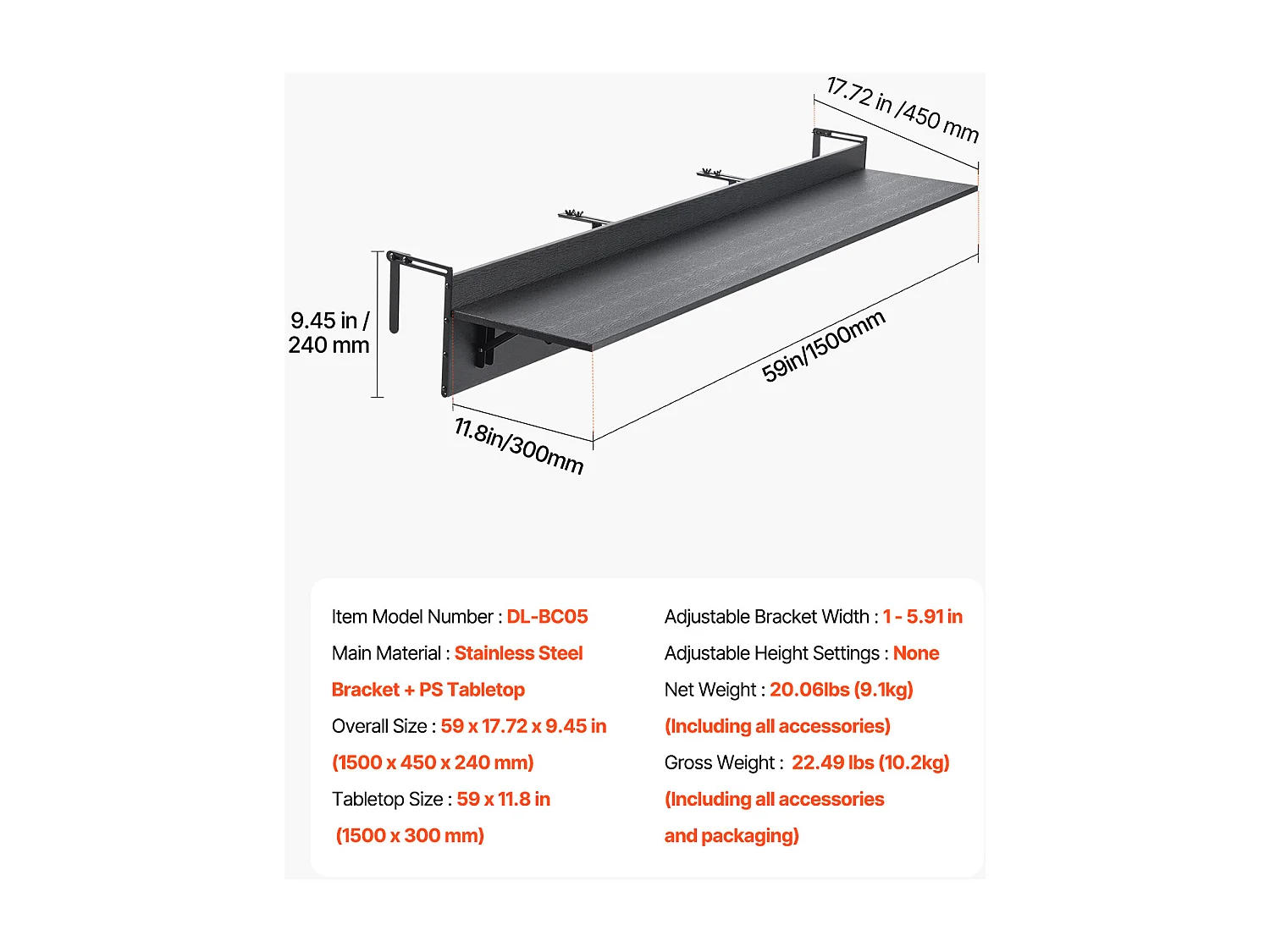 Table Suspendue de Balcon, SucceBuy Table de Balcon Pliable 30 × 150 cm, Table de Bar pour Balustrade de Patio Extérieur