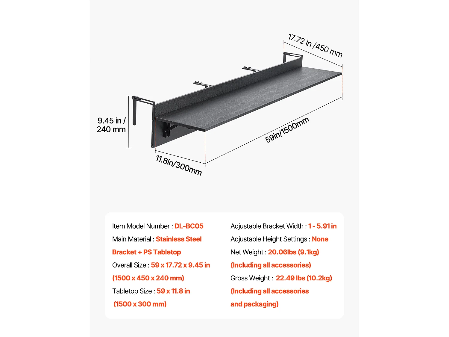 Table Suspendue de Balcon, SucceBuy Table de Balcon Pliable 30 × 150 cm, Table de Bar pour Balustrade de Patio Extérieur