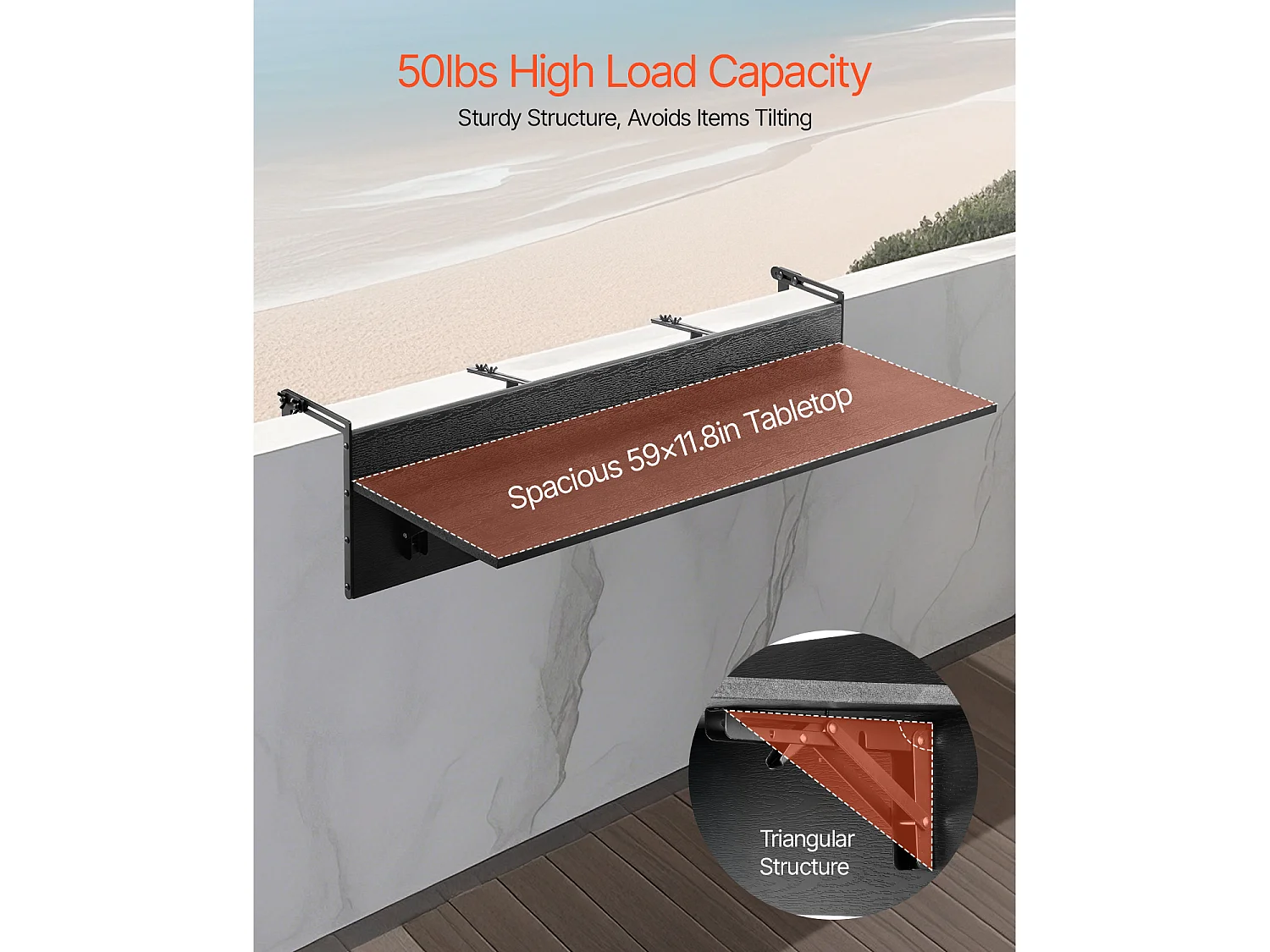 Table Suspendue de Balcon, SucceBuy Table de Balcon Pliable 30 × 150 cm, Table de Bar pour Balustrade de Patio Extérieur