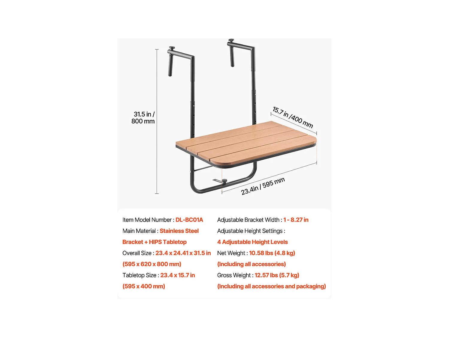 Table Suspendue de Balcon, SucceBuy Table Suspendue pour Balcon 63 × 61 cm, Table de Bar Réglable pour Balustrade Extérieure