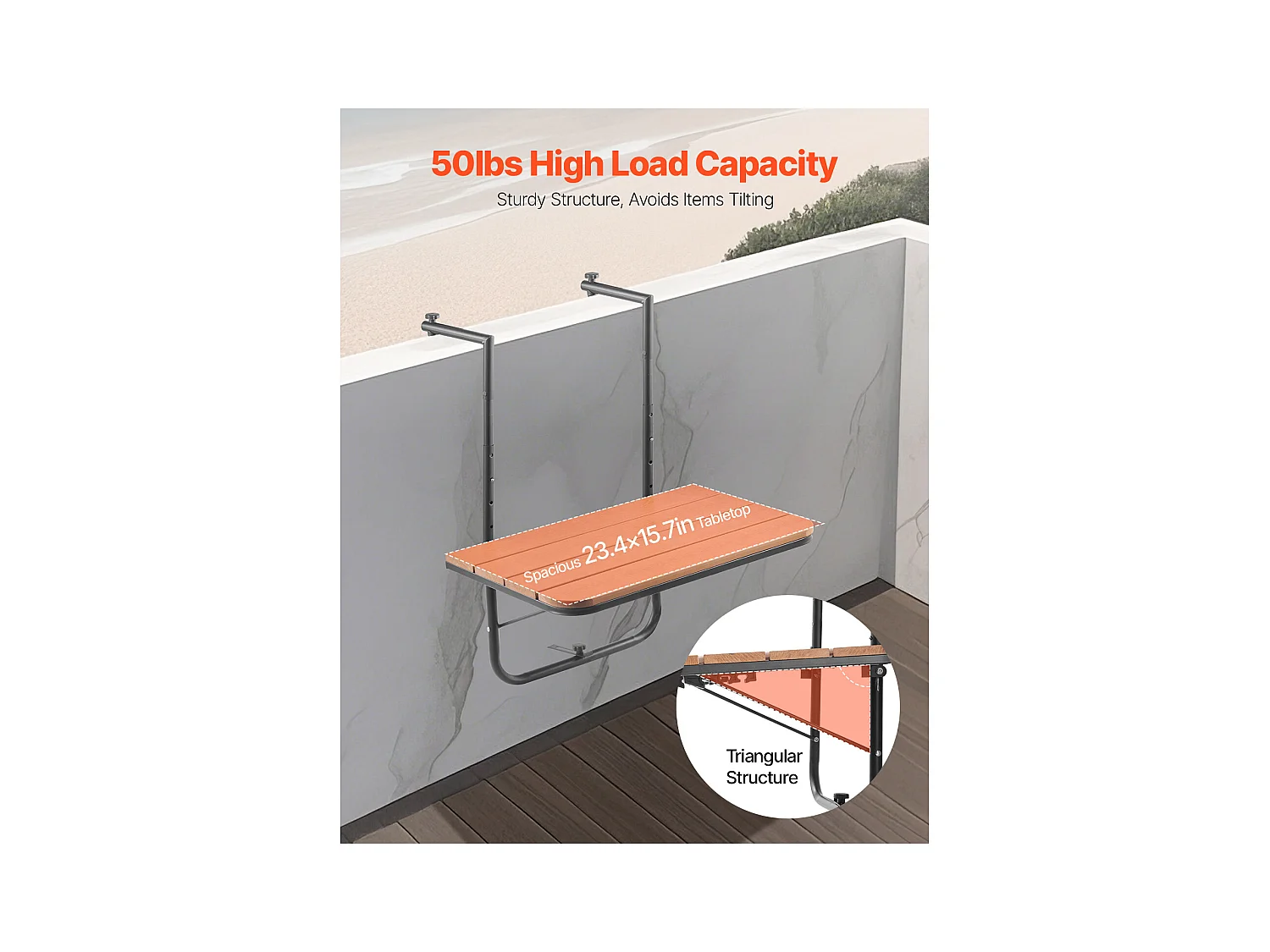 Table Suspendue de Balcon, SucceBuy Table Suspendue pour Balcon 63 × 61 cm, Table de Bar Réglable pour Balustrade Extérieure