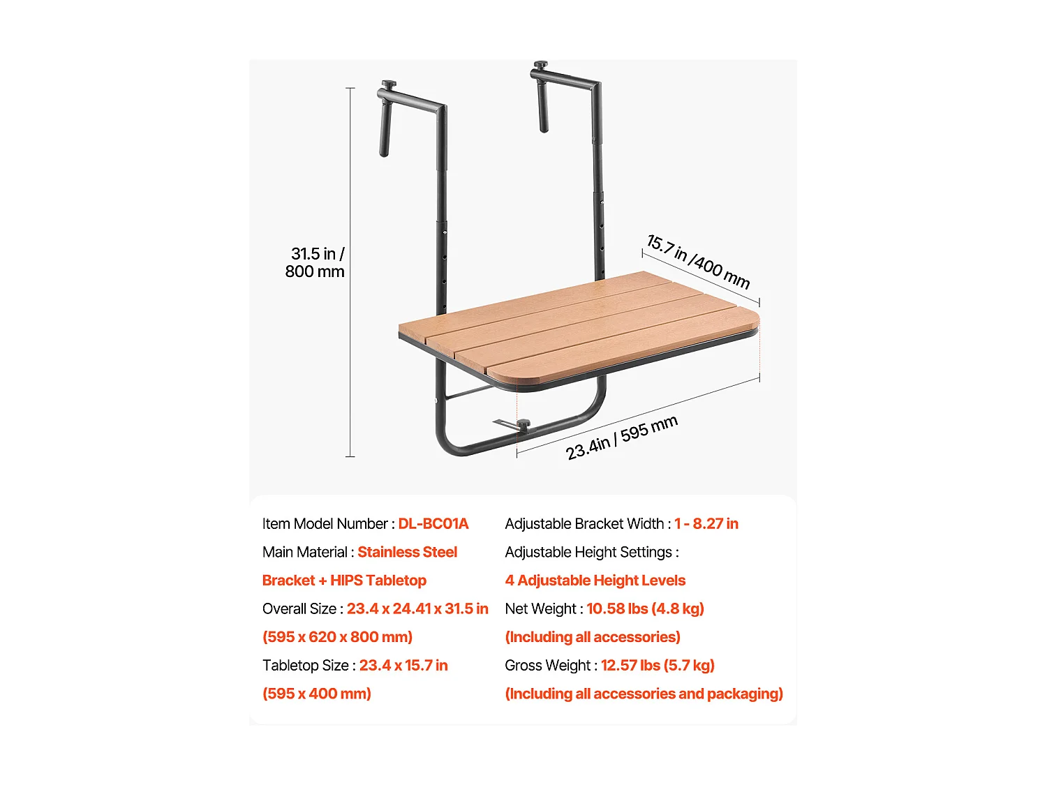 Table Suspendue de Balcon, SucceBuy Table Suspendue pour Balcon 63 × 61 cm, Table de Bar Réglable pour Balustrade Extérieure