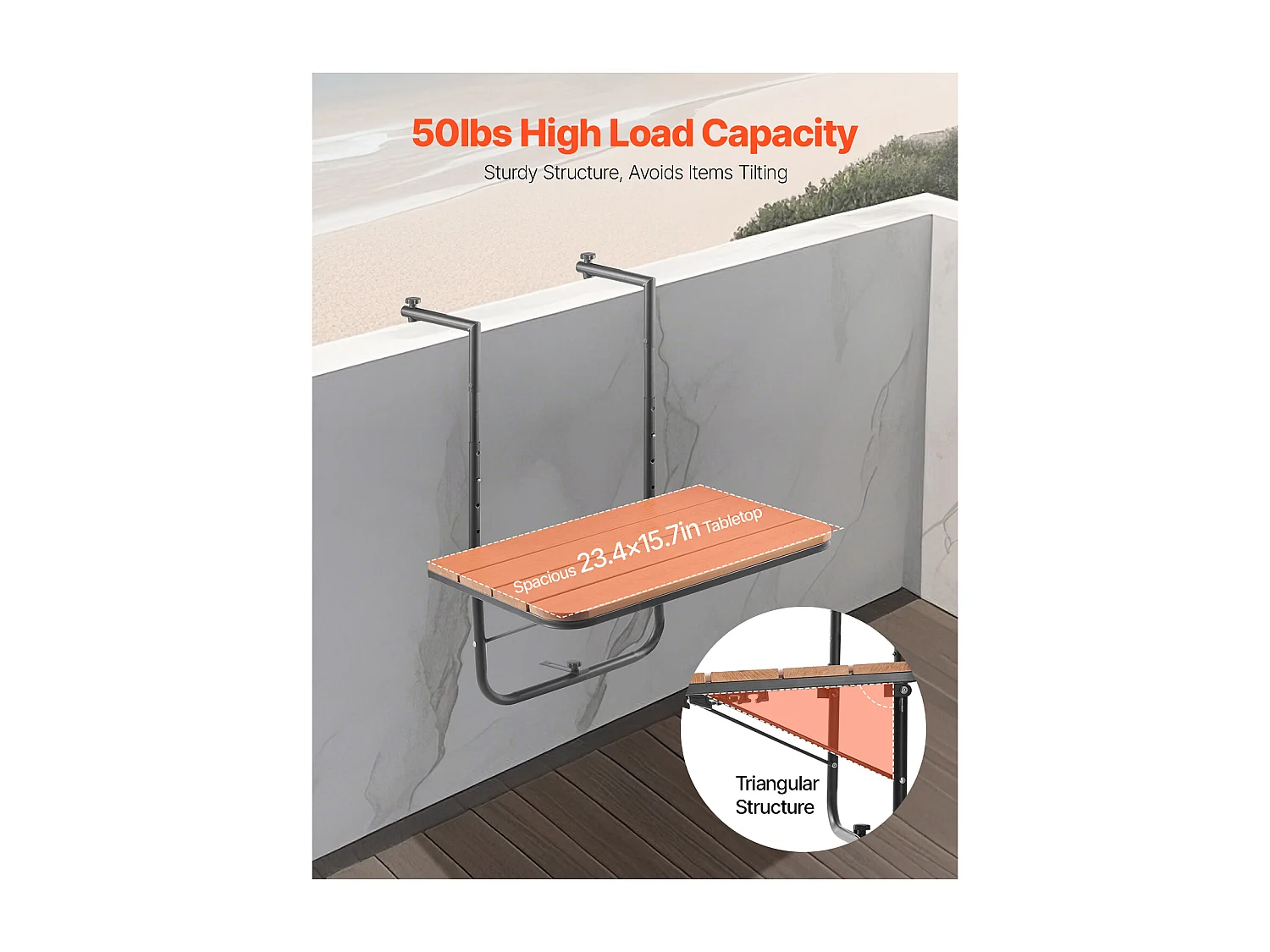 Table Suspendue de Balcon, SucceBuy Table Suspendue pour Balcon 63 × 61 cm, Table de Bar Réglable pour Balustrade Extérieure