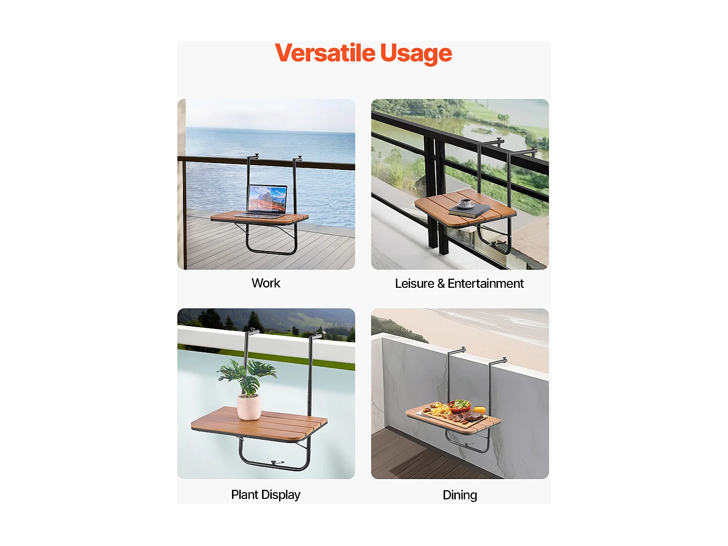 Table Suspendue de Balcon, SucceBuy Table Suspendue pour Balcon 63 × 61 cm, Table de Bar Réglable pour Balustrade Extérieure