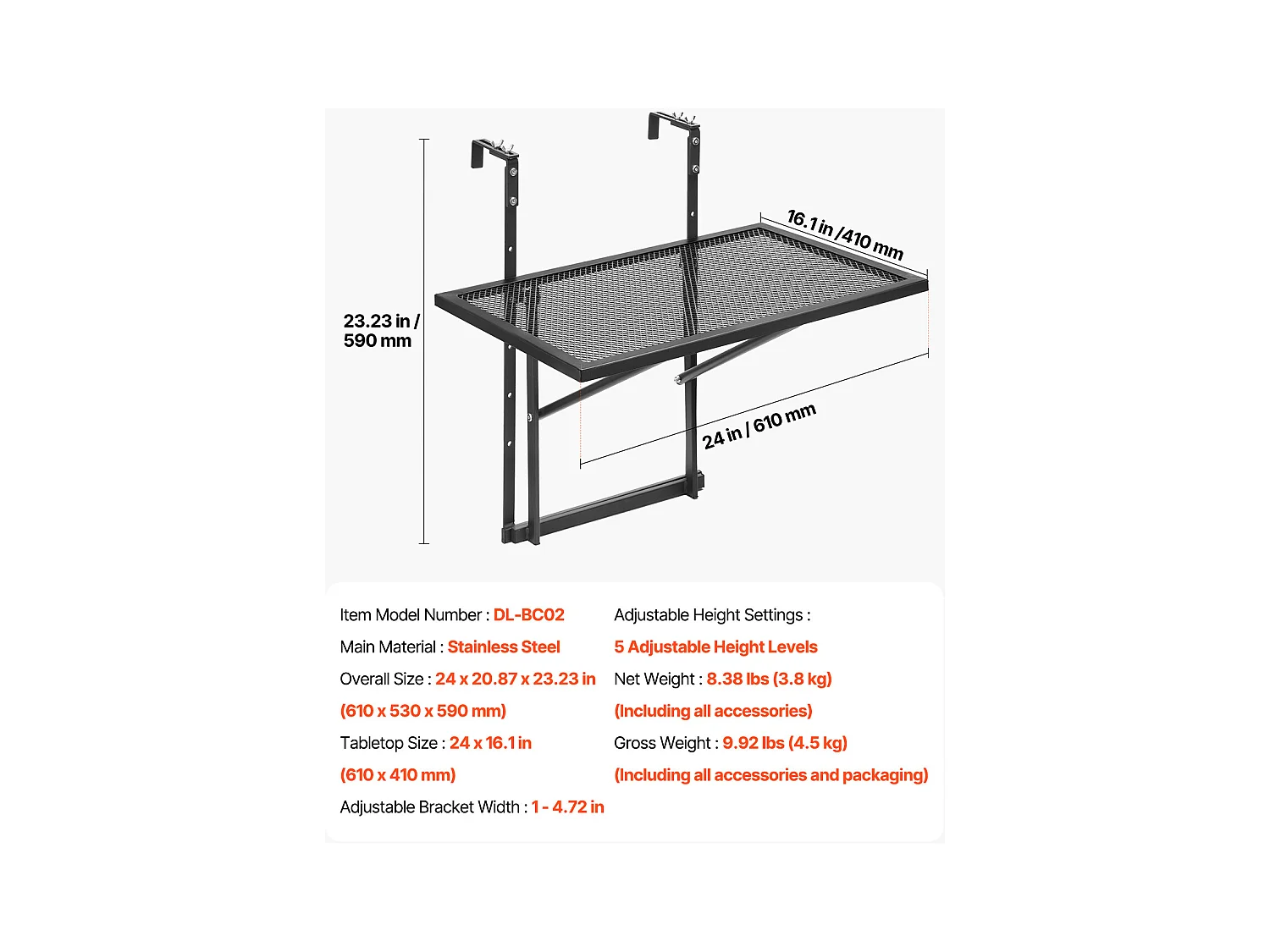 Balkon-Hängetisch, SucceBuy Balkon-Hängetisch, 48 × 61 cm, Outdoor-Tisch mit Metallgeländer, Verstellbar