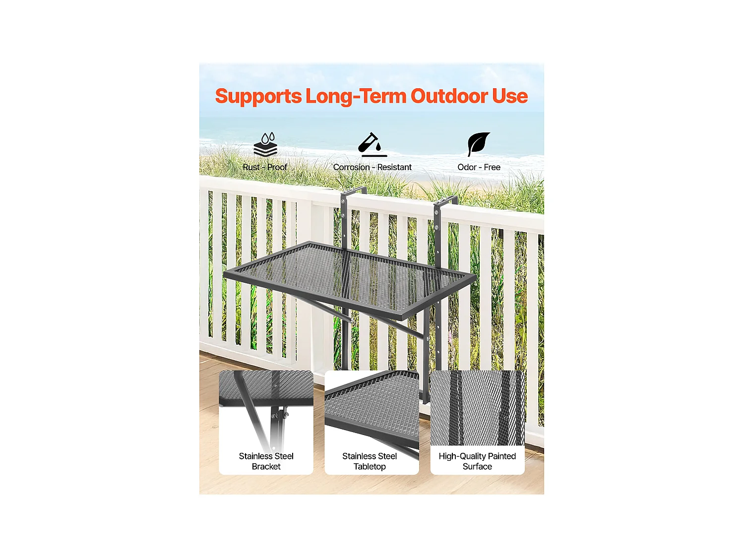 Balkon-Hängetisch, SucceBuy Balkon-Hängetisch, 48 × 61 cm, Outdoor-Tisch mit Metallgeländer, Verstellbar