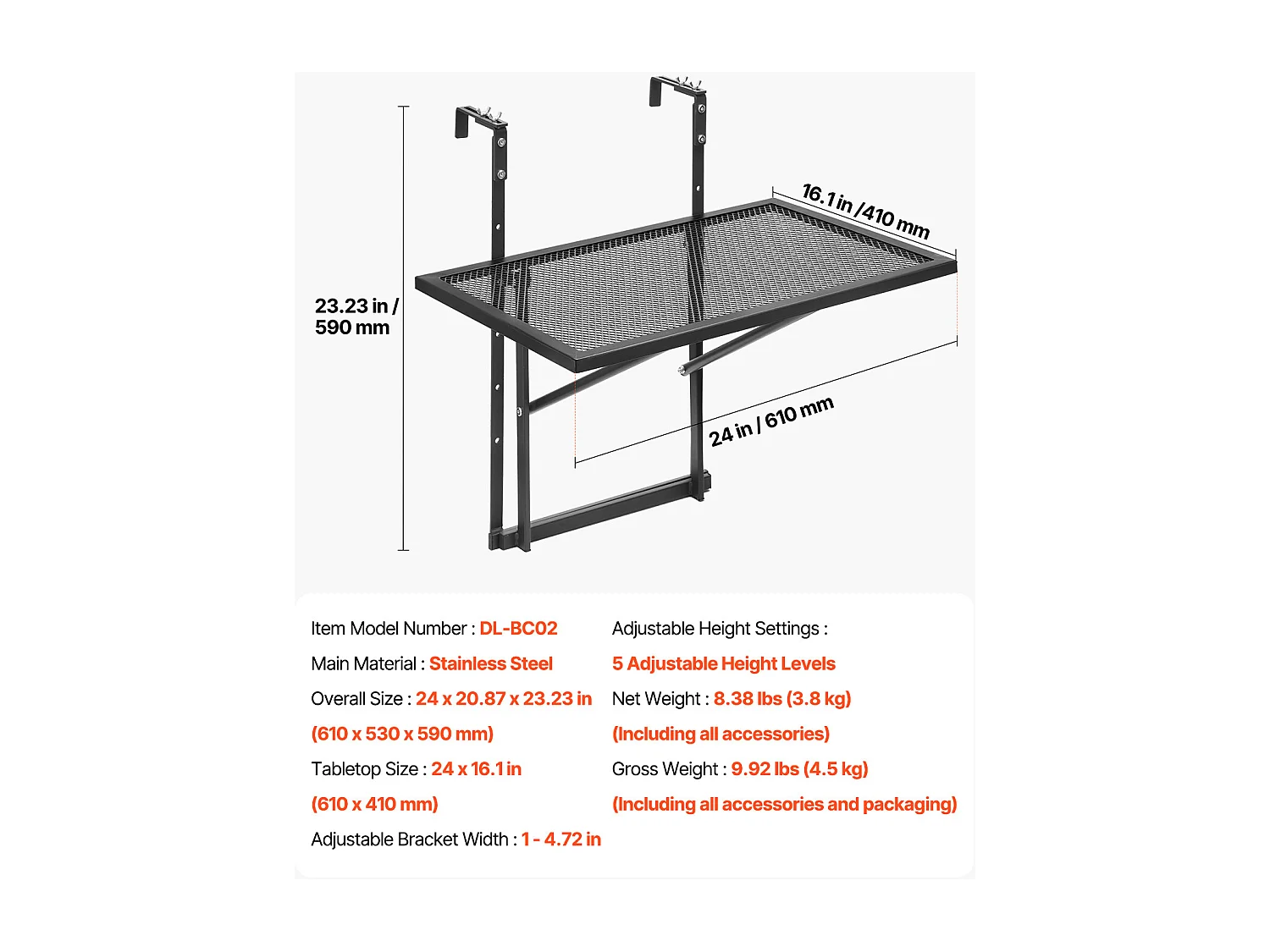 Table Suspendue de Balcon, SucceBuy Table Suspendue pour Balcon, 48 × 61 cm, Table d'Extérieur avec Balustrade en Métal, Réglable