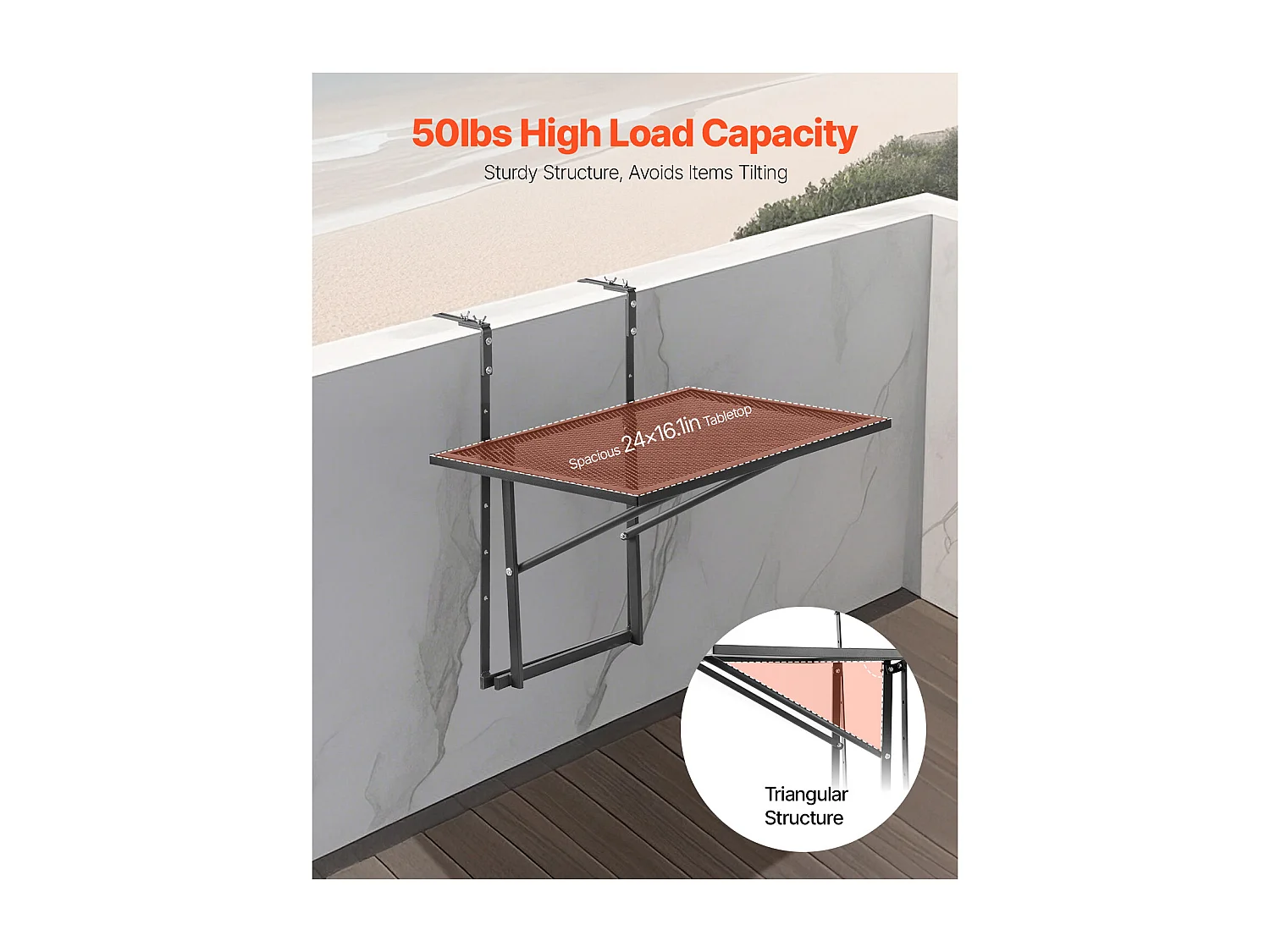 Table Suspendue de Balcon, SucceBuy Table Suspendue pour Balcon, 48 × 61 cm, Table d'Extérieur avec Balustrade en Métal, Réglable